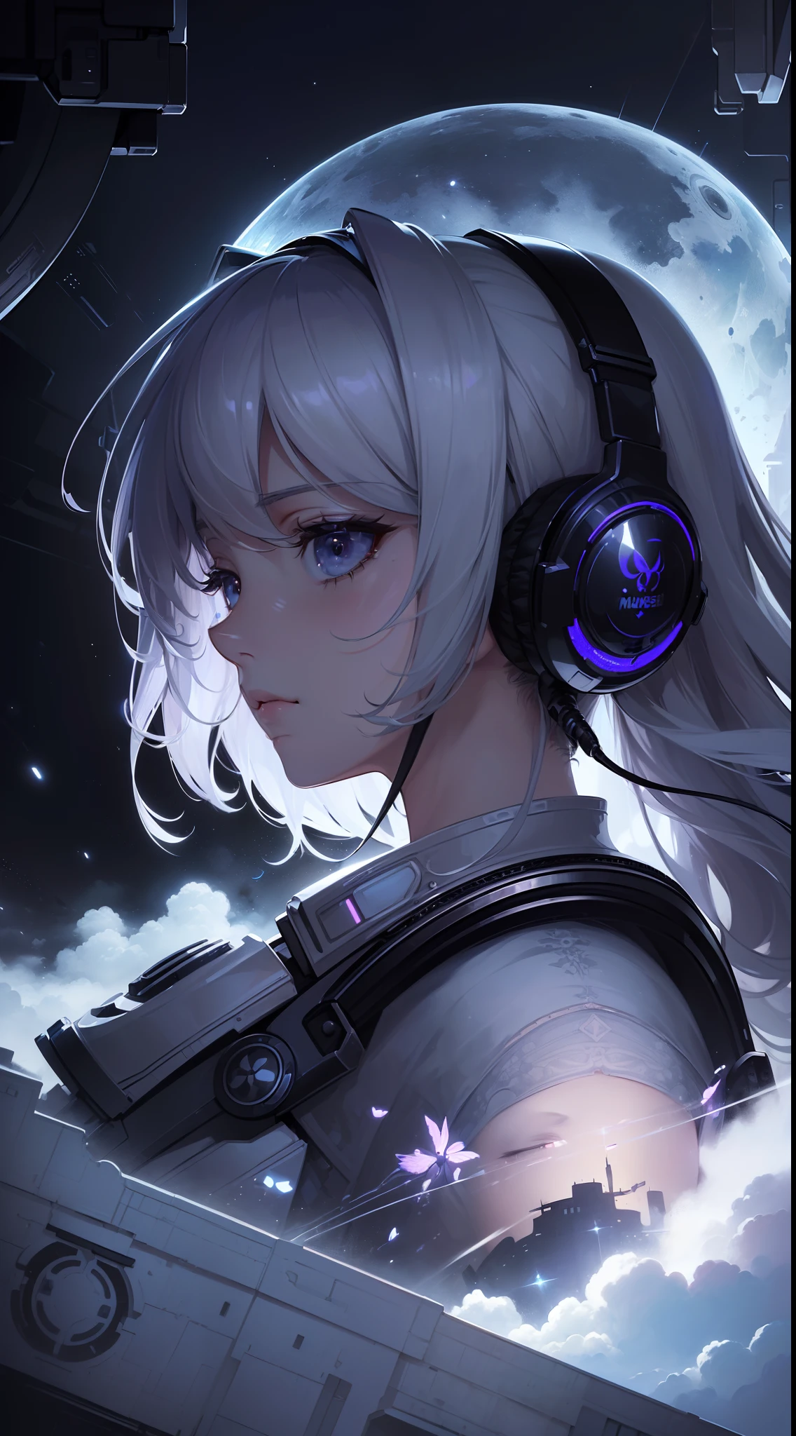 (((masterpiece,best quality,an extremely delicate and beautiful,illustration))),detailed face,(from side,medium long shot),1girl,headphones,(((clouds:0.3),multiple_luna,(floating_fortress technology machinery),night sky background)),(cyberpunk_aerospace_helmet),Scati,Ark of tomorrow