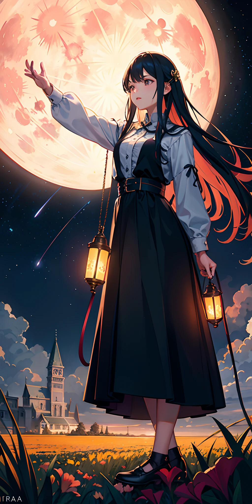 expansive landscape photograph , (a view from below that shows sky above and open field below), a girl standing on flower field looking up, (full moon:1.2), ( shooting stars:0.9), (nebula:1.3), distant mountain, tree BREAK production art, (warm light source:1.2), (Firefly:1.2), lamp, lot of purple and orange, intricate details, volumetric lighting BREAK (masterpiece:1.2), (best quality), 4k, ultra-detailed, (dynamic composition:1.4), highly detailed, colorful details,( iridescent colors:1.2), (glowing lighting, atmospheric lighting), dreamy, magical, (solo:1.2)
