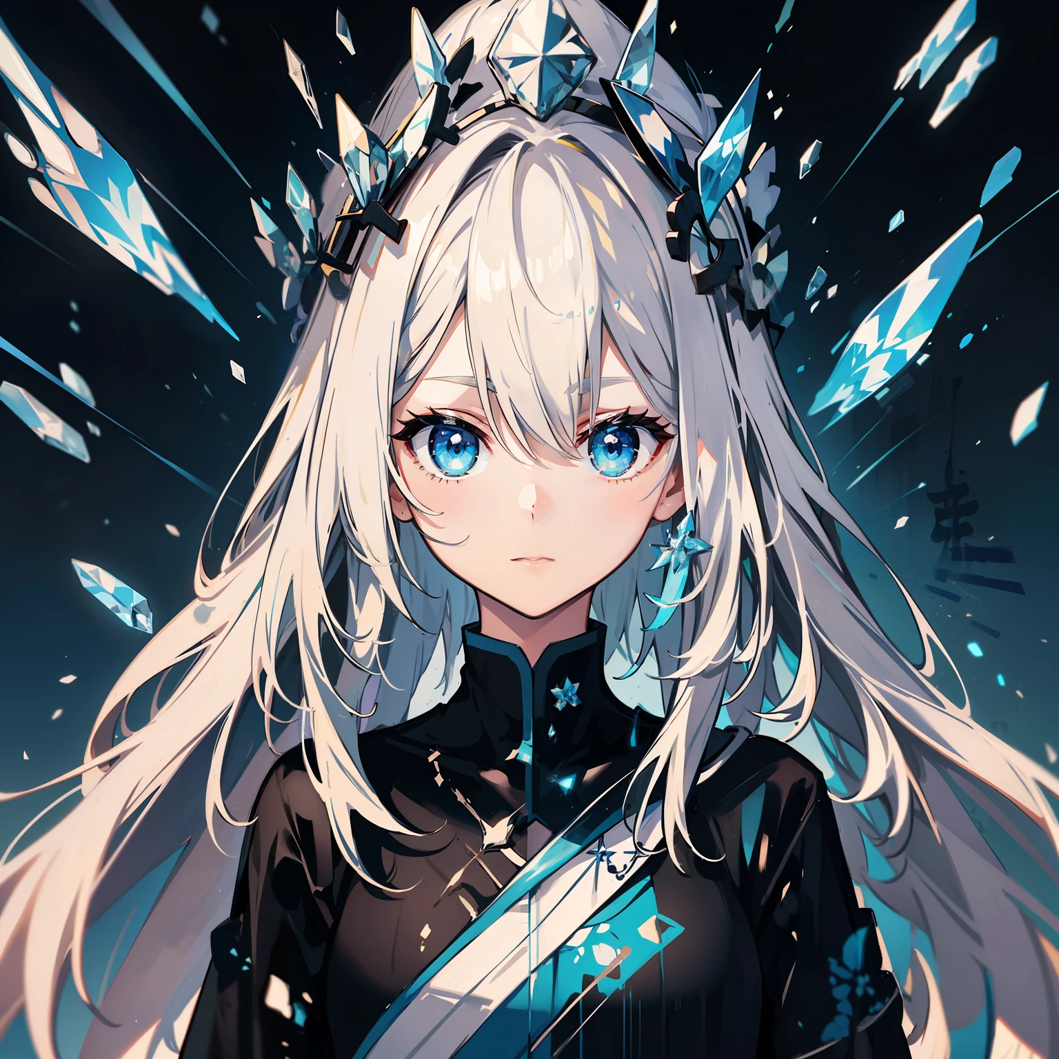 Black contrasts against white background,The blonde girl stood in the middle,Gorgeous special effects surround you,The transparent blue bird wraps around the fingertips。