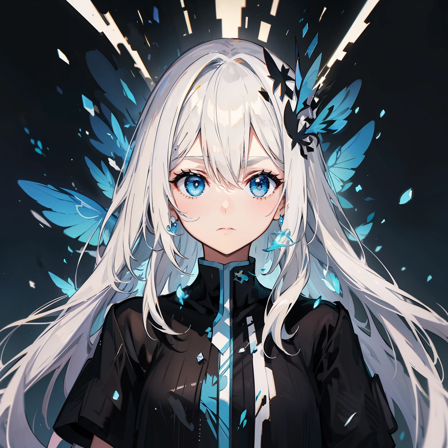 Black contrasts against white background，The blonde girl stood in the middle，Gorgeous special effects surround you，The transparent blue bird wraps around the fingertips。