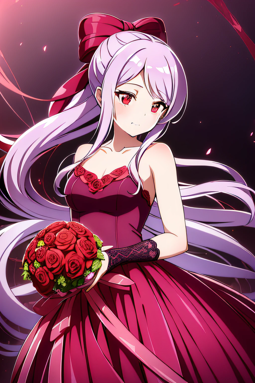 (((Best quality))), ((Ultra-detailed)), ((illustration)), ((Disheveled hair)), ((frilld)), (1 girl), (Solo),
bouquet，
colored_skin，
flower，
looking_at_viewer，
pink_rose，
purple_flower，
purple_rose，
red_flower，
red_rose，
rose，
transparent_background，
rating:safe，
Red_dress，
long_dress，