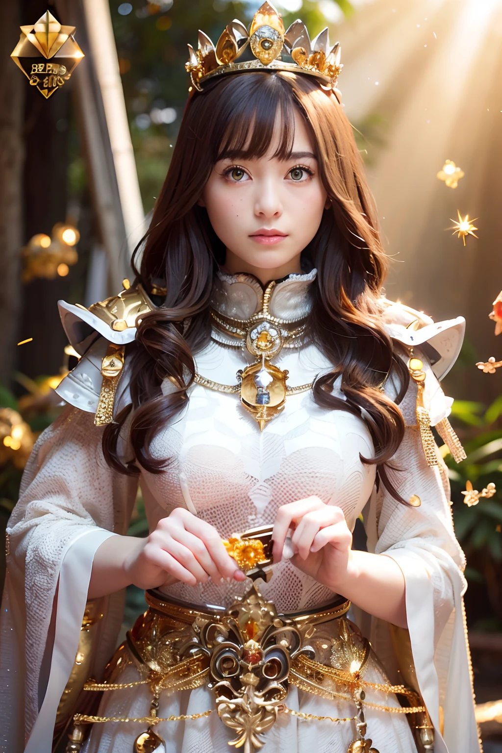 (masutepiece), Professional , masterpiece、top-quality、photos realistic , depth of fields (Gemstone Silver Metal Body:1.9),(Matte White、Particles of light、Jewel Gold Weapon(Jewel Metal Body:1.4),Gorgeous metal weapons , Detailed Sword of the Brave , Beautiful knife ,warhammer 40k , adepta sororitas,Detail and ornate jewel crown、Particles of light、Brown hair、Gangle's forest background、Beautiful Caucasian beauty、1a person、dynamic ungle,(((Detailed and ornate diamond crown)))、Particles of light、Mystical expression、Smaller head、A smile、