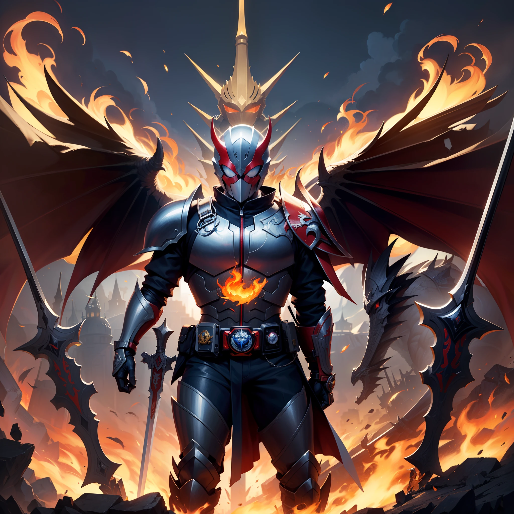 ((high high quality)), ((tmasterpiece)), ((Extremely delicate depiction)), ((Fantasy Wars)), Domineering, Kamen Rider, Surrounded by flames, Mechanized armor, 45 degree oblique side, Cloak decorated with coats of arms, Characteristics of Western dragons, Carrying a giant sword。