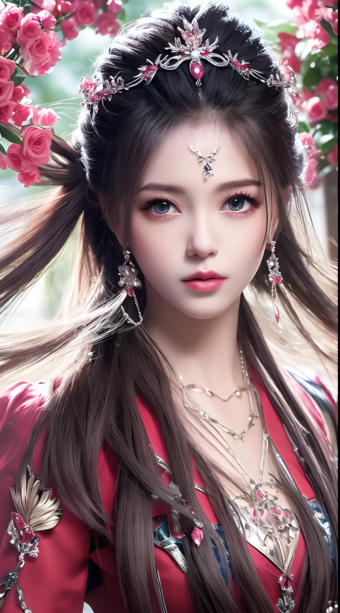 8k ultra hd, mastermiece, a girl, good face, detailed, eyes, beautiful lips, very hong hair, spreading hair, medium breasts, wedding dress, pink dress, in the park, flying birds, glowing, clear weather, sitting, whole body capture,