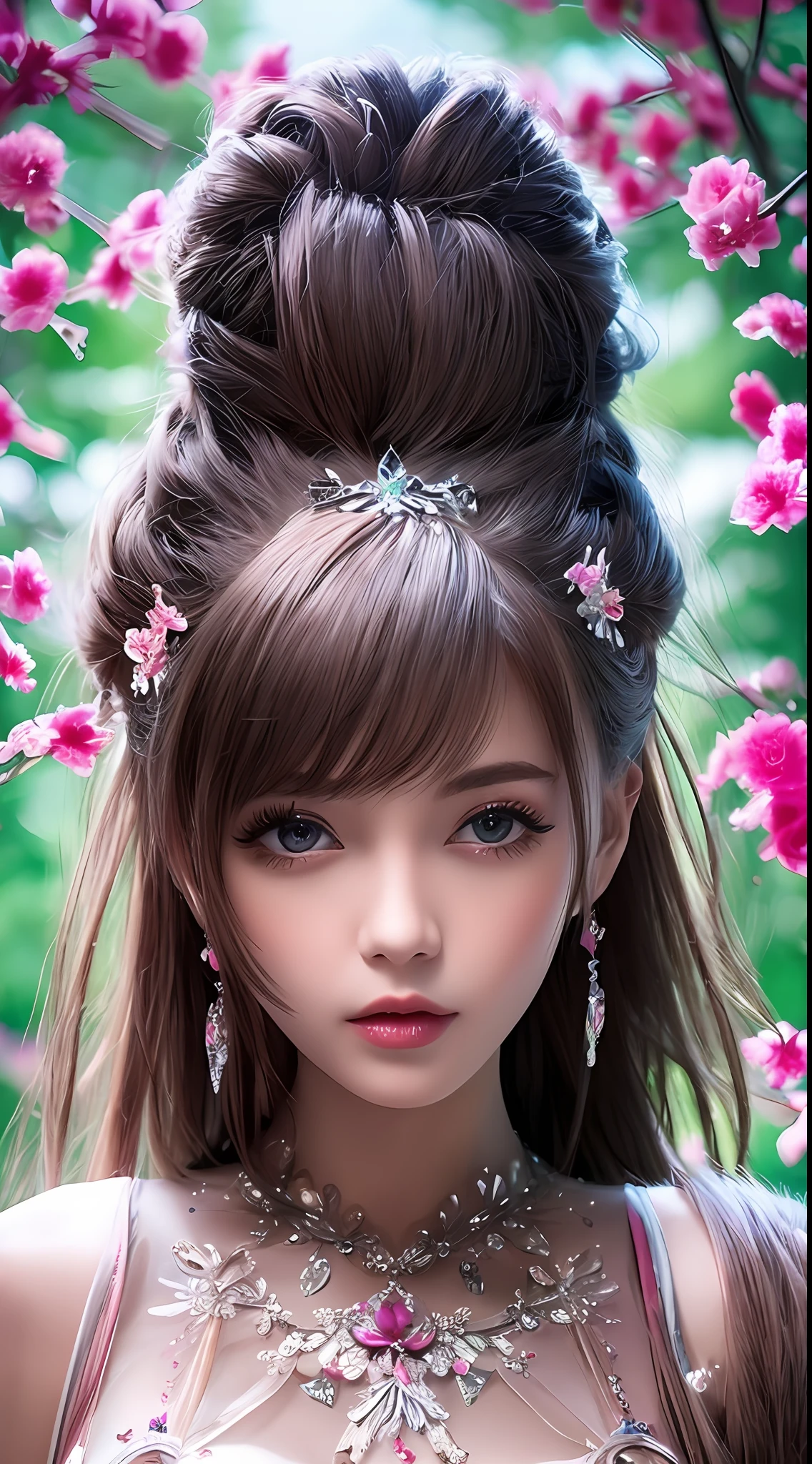 8k ultra hd, mastermiece, a girl, good face, detailed, eyes, beautiful lips, very hong hair, spreading hair, medium breasts, wedding dress, pink dress, in the park, flying birds, glowing, clear weather, sitting, whole body capture,