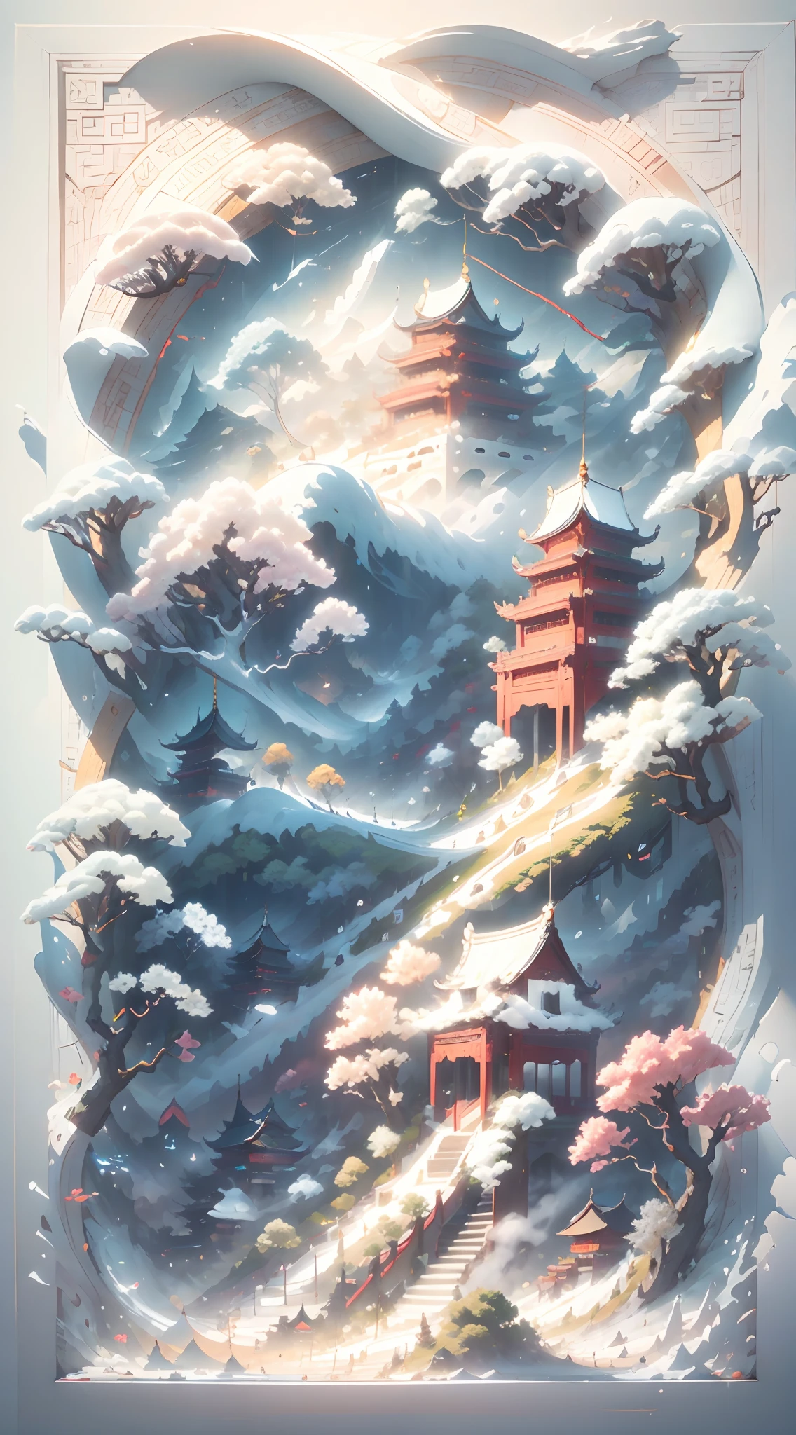 3D white relief,Crafted with meticulous precision,White ivory carving,Chinese illustration on white background,downy,Traditional Chinese style,Oriental landscape painting,Multidimensional paper fog on crafts,Chinese style buildings,super wide angle view,dream magical,8K,𝓡𝓸𝓶𝓪𝓷𝓽𝓲𝓬,A high resolution,8K