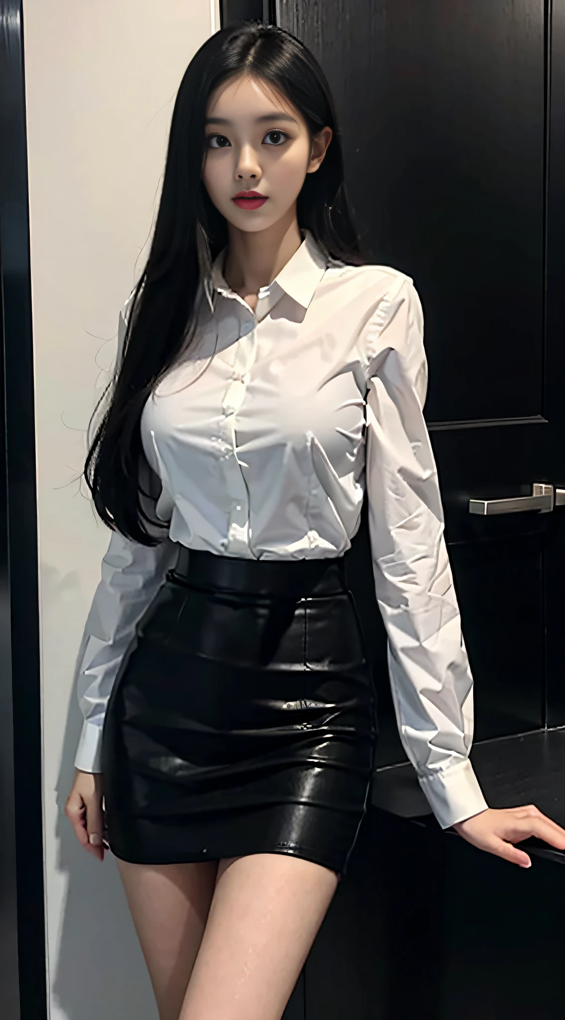 Beautiful female secretary、Business Wear、White blouses、Black tight skirt、slim figure、Oversized bust、Slim Girl Model、24歳の女性モデル、long legged、