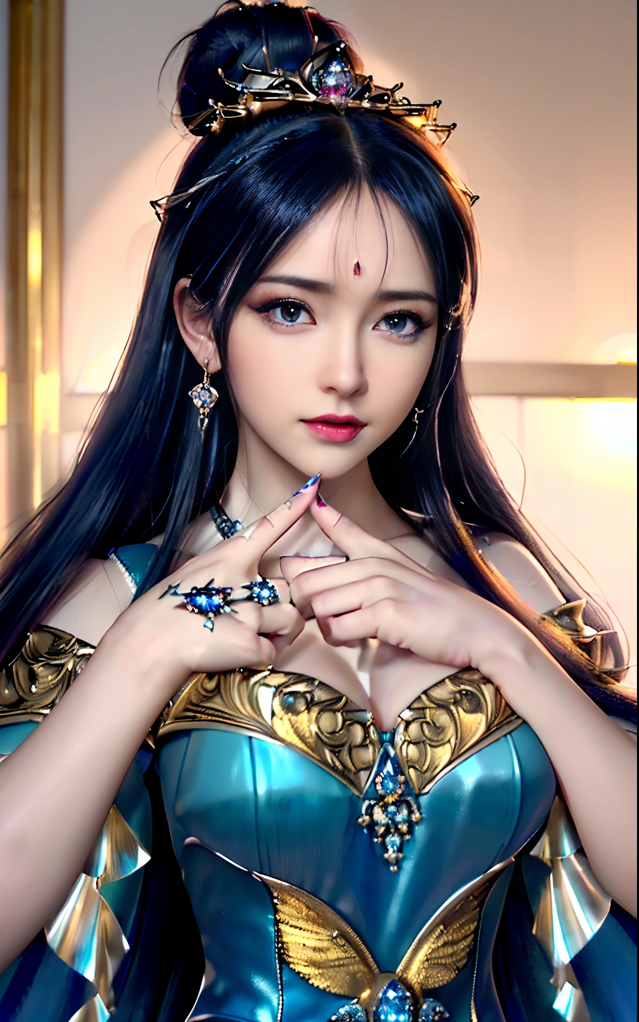 ((realisticity: 1.2)), ((realistic: 8K UHD)), ((best resolution: 8K UHD)), hyper detailed, best quality,masterpiece,highres,cg, ((1 girl hyper detailed and hyper realistic) ) , ((beautiful queen, hyper realistic and hyper detailed)),((white skin, beautiful, smooth, youthful, hyper realistic and hyper detailed )), ((Face hyper beautiful, white, hyper realistic and hyper detailed ) ), long hair, ((hyper realistic and hyper detailed dress)), solo, ((hyper realistic, hyper beautiful, beautiful and hyper detailed jewelry)), ((hyper beautiful deep red and golden yellow dress, hyper realistic and hyper detailed )) , ((Her pretty, hyper realistic, hyper detailed diamond filled earrings)), ((Her gorgeous diamond haircut, hyper realistic and hyper detailed)), ((hyper pretty upper body, hyper beautiful, hyper realistic and hyper detailed) ), ((medium breast: 1.1)), ((hyper realistic, hyper pretty, hyper detailed boobs)), ((the backgroun of the royal palace is hyper majestic, hyper realistic and hyper detailed)),((hands and palms hyper beautiful, hyper detailed, hyper realistic)), ((hyper detailed and hyper realistic fingers and fingernails)), ((hyper pretty fingernails, hyper vivid, hyper detailed, hyper realistic)), ((thumb, index finger, middle finger, ring finger, little finger hyper vivid, hyper pretty, hyper detailed, hyper realistic)),
((hyper beautiful fingers, hyper detailed, and hyper realistic)), ((posture not too fat and not too thin, hyper realistic, hyper detail)), ((hyper pretty, hyper pretty, hyper realistic and hyper detailed hair bun)), ((hyper pretty , hyper realistic and hyper detailed blue hair)), candid, Photo, high resolution, 8k , bokeh,