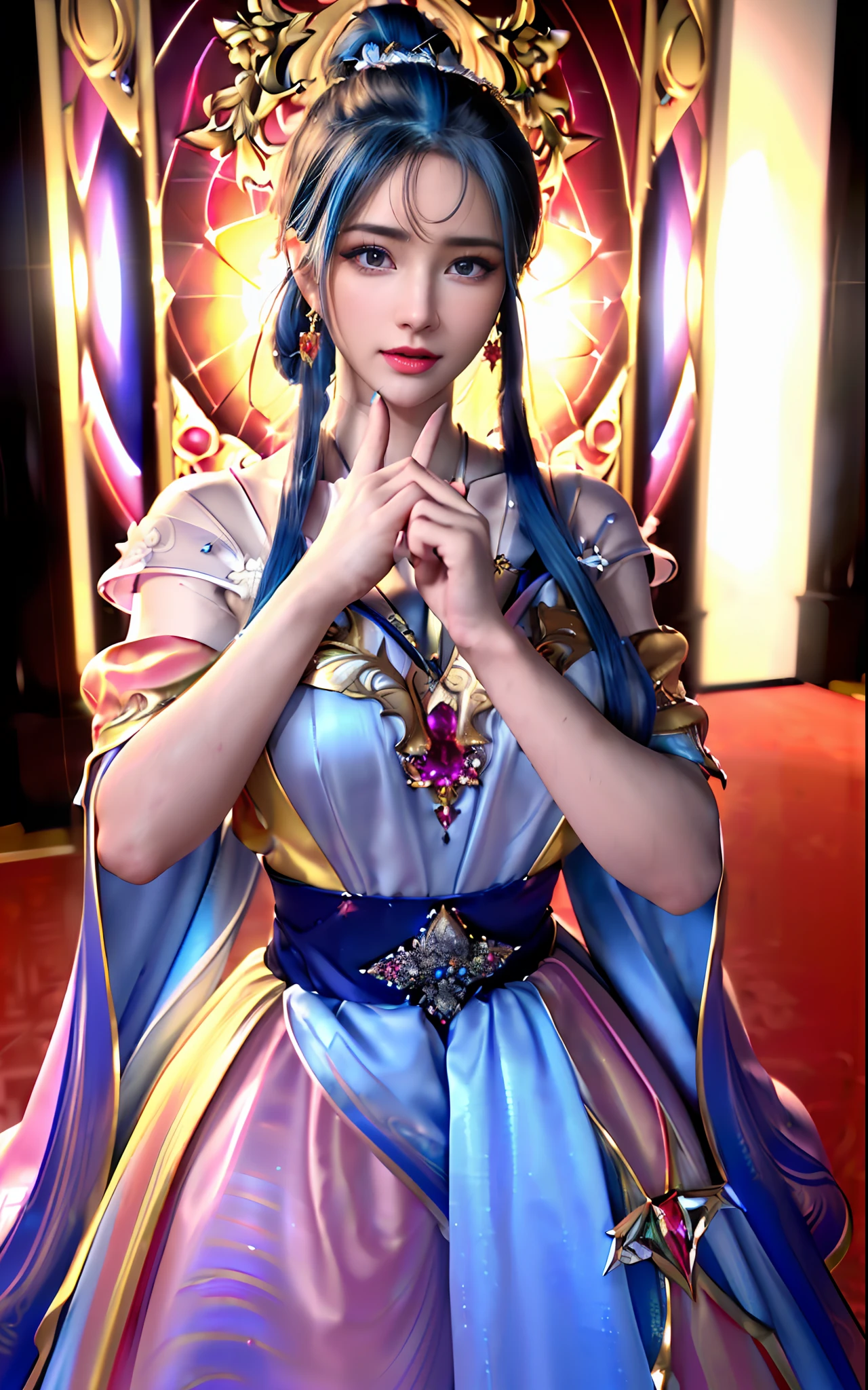((realisticity: 1.2)), ((realistic: 8K UHD)), ((best resolution: 8K UHD)), hyper detailed, best quality,masterpiece,highres,cg, ((1 girl hyper detailed and hyper realistic) ) , ((beautiful queen, hyper realistic and hyper detailed)),((white skin, beautiful, smooth, youthful, hyper realistic and hyper detailed )), ((Face hyper beautiful, white, hyper realistic and hyper detailed ) ), long hair, ((hyper realistic and hyper detailed dress)), solo, ((hyper realistic, hyper beautiful, beautiful and hyper detailed jewelry)), ((hyper beautiful deep red and golden yellow dress, hyper realistic and hyper detailed )) , ((Her pretty, hyper realistic, hyper detailed diamond filled earrings)), ((Her gorgeous diamond haircut, hyper realistic and hyper detailed)), ((hyper pretty upper body, hyper beautiful, hyper realistic and hyper detailed) ), ((medium breast: 1.1)), ((hyper realistic, hyper pretty, hyper detailed boobs)), ((the backgroun of the royal palace is hyper majestic, hyper realistic and hyper detailed)),((hands and palms hyper beautiful, hyper detailed, hyper realistic)), ((hyper detailed and hyper realistic fingers and fingernails)), ((hyper pretty fingernails, hyper vivid, hyper detailed, hyper realistic)), ((thumb, index finger, middle finger, ring finger, little finger hyper vivid, hyper pretty, hyper detailed, hyper realistic)),
((hyper beautiful fingers, hyper detailed, and hyper realistic)), ((posture not too fat and not too thin, hyper realistic, hyper detail)), ((hyper pretty, hyper pretty, hyper realistic and hyper detailed hair bun)), ((hyper pretty , hyper realistic and hyper detailed blue hair)), candid, Photo, high resolution, 8k , bokeh,