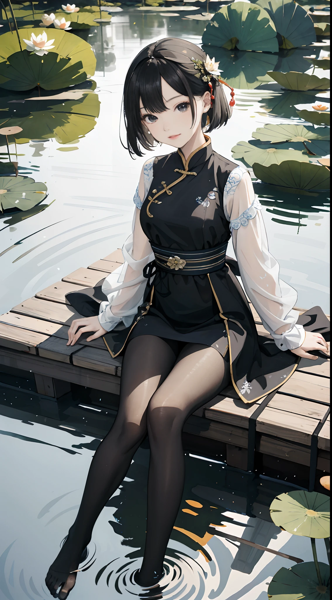hoang lap,8k,A high resolution,ultra - detailed,(1girll:1.3),handpainted,Simple lines,16 year old girl wearing colorful Chinese dress,black pantyhoses,beuaty girl,In the lotus pond,tmasterpiece,sitting in water,floating clothes,Floating hair