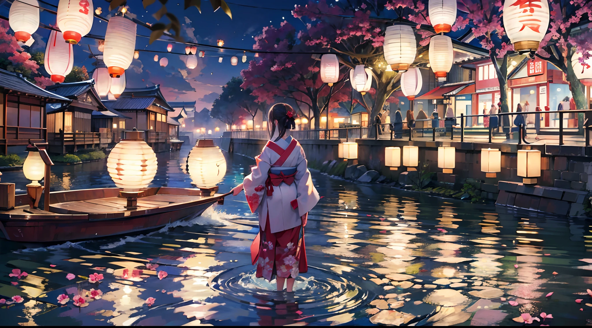 ultra realistic 8k cg, picture-perfect face, flawless, clean, masterpiece, professional artwork, famous artwork, many people, Japan, lantern floating (in Japan), summer, night, big riverside, distant view