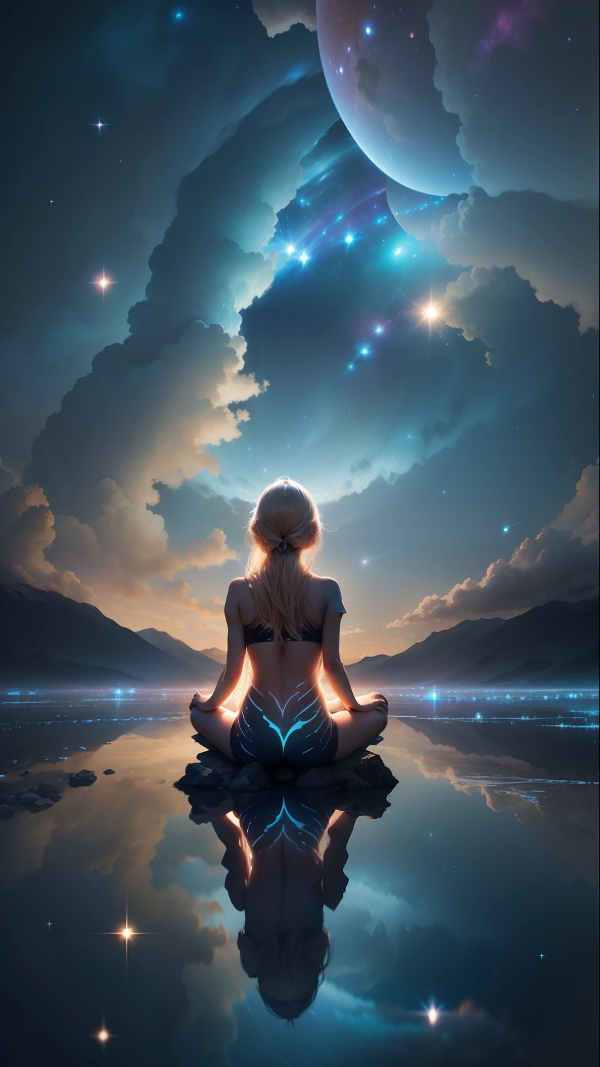 A small blonde woman sitting yoga pose in a mirrored water with bioluminescence, facing the sky, showing her back, sparkling hair, wearing celestial drape, back facing, looking at beautiful surreal planet in the giant expanse of space, luminous, encircled by a sparkling brilliant array of clouds, stars, comets, and milky ways, with a dreamlike and vivid color scheme, -- stylize, anime abstract luminary, realistic, vector like clouds,