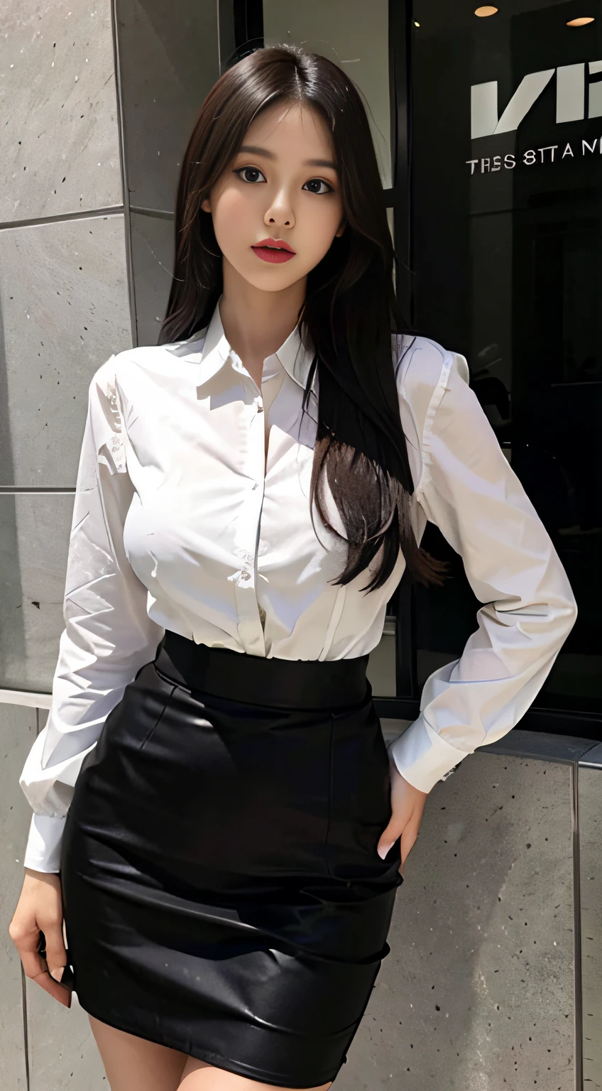 Beautiful female secretary、Business Wear、White blouses、Black tight skirt、slim figure、Oversized bust、Slim Girl Model、24歳の女性モデル、long legged、