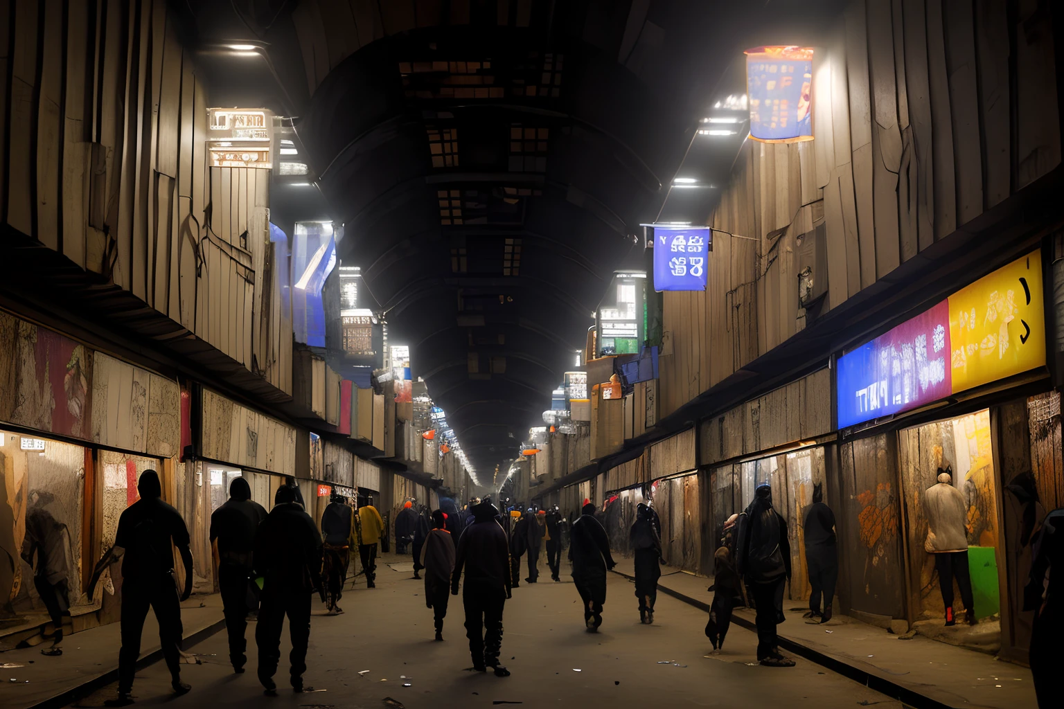 ((8k, RAW, masterpiece:1.4, best quality)), ((masterpiece, best quality)), (photo realistic:1.4), Over vivid depiction, high resolution, Approaching atmosphere, Light and shadow expression, (A slum city:1.4) that emerged spontaneously in (a huge tunnel:1.2) dug under Tokyo in the 1990s. (The tunnel is several kilometers long and wide:1.2), and connects different parts of the city. (Many street shops are open:1.1), (So many people are walking:1.1), The slum city is populated by immigrants from all over the world, who live in makeshift shelters and shacks. The slum city is dark, dirty and chaotic, with (neon signs:1.1), graffiti and trash everywhere. The slum city is also full of crime, violence and corruption, with gangs, drug dealers and black market traders ruling the streets.(cinematic lighting:1.1), (dramatic lighting:1.1)