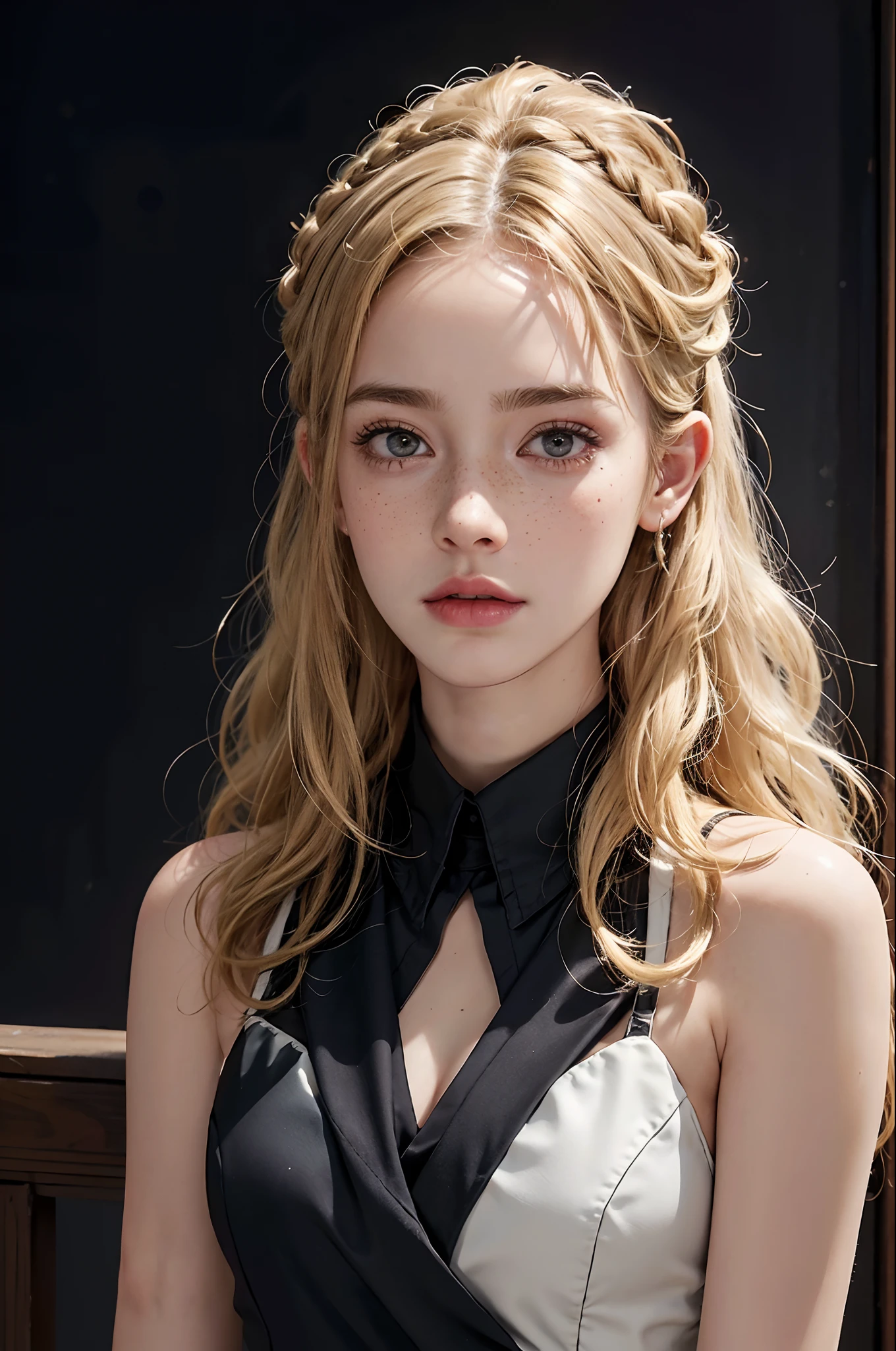 An 18-year-old European girl,Blonde hair is slightly curly and permed,Small freckles on the face,Upper body photo,Wear formal attire,(High top fade in and out:1.3),dark themes,soothing tones,pastelcolor,hight contrast,(Natural skin texture,ultra-realistic realism,the soft light,sharp)