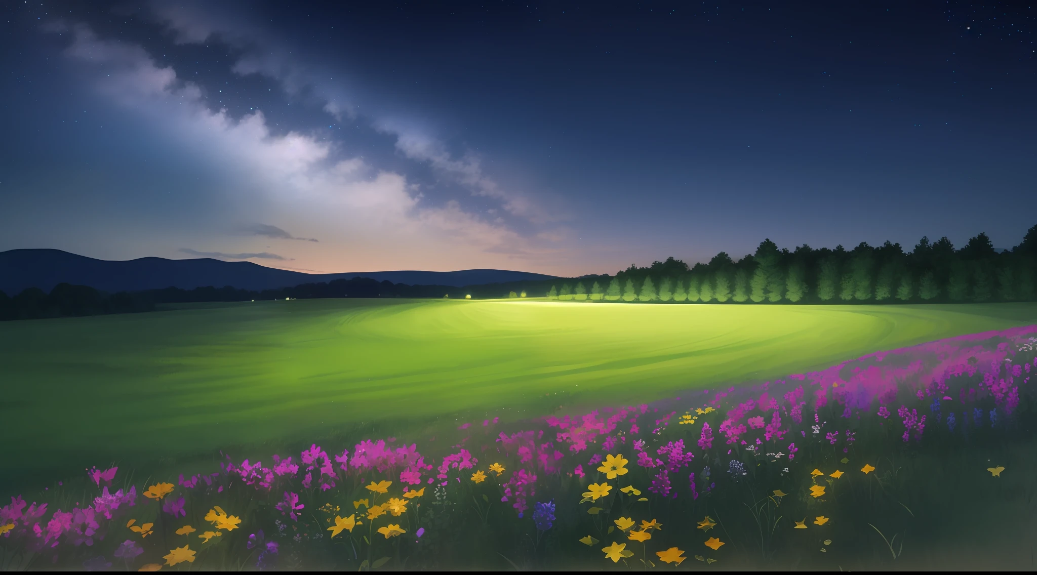 The night view of a green meadow, illuminated by the many stars in the sky, and the pohob circled the meadow