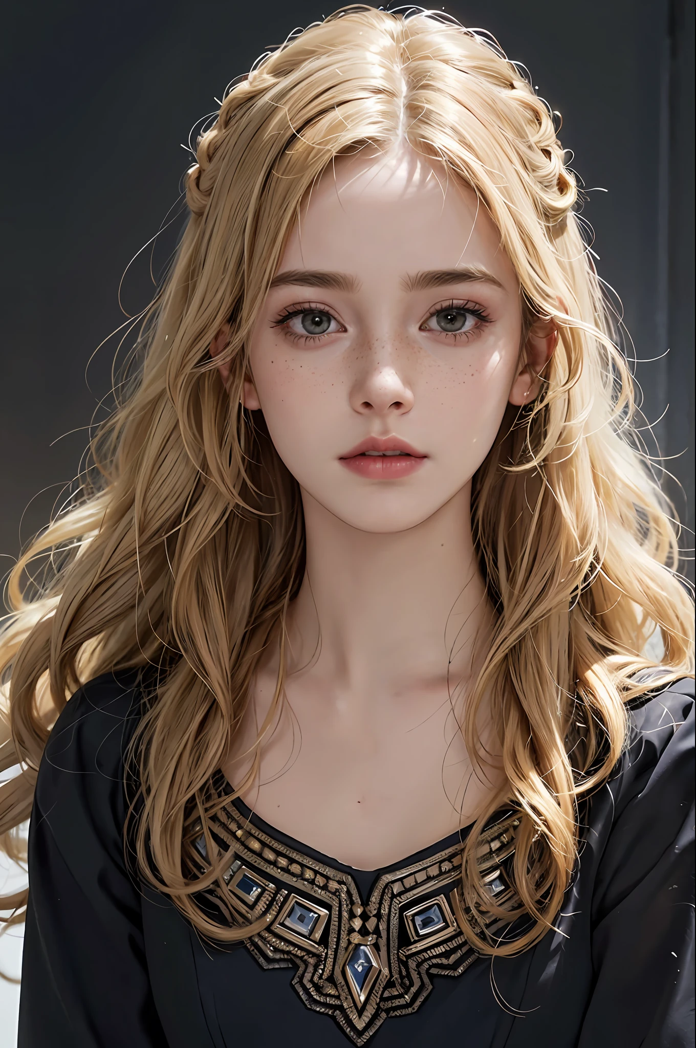 An 18-year-old European girl,Blonde hair is slightly curly and permed,Small freckles on the face,Upper body photo,Wear formal attire,(High top fade in and out:1.3),dark themes,soothing tones,pastelcolor,hight contrast,(Natural skin texture,ultra-realistic realism,the soft light,sharp)