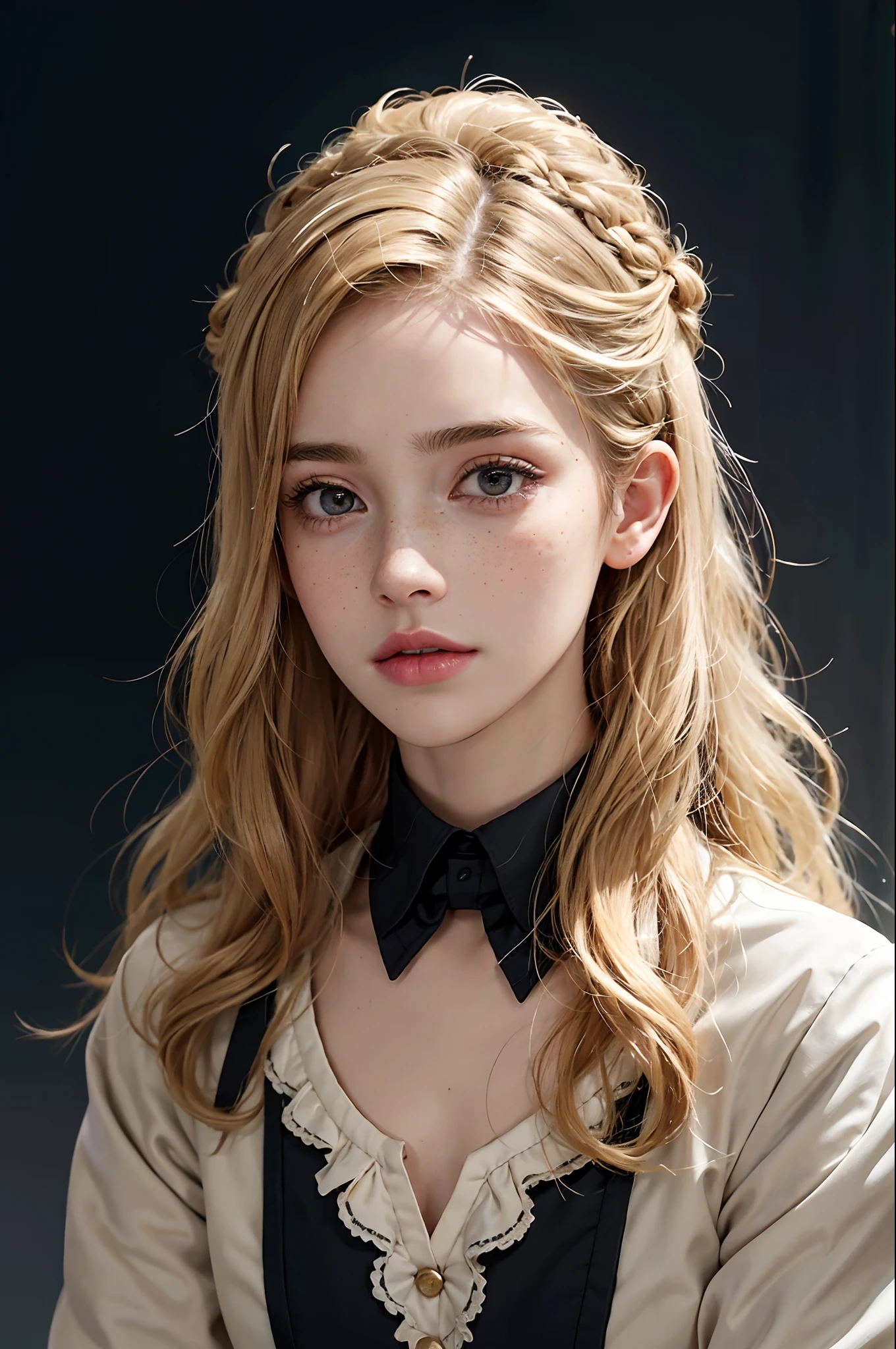 An 18-year-old European girl，Blonde hair is slightly curly and permed，Small freckles on the face，Upper body photo，Wear formal attire，（High top fade in and out：1.3），dark themes，soothing tones，pastelcolor，hight contrast，（Natural skin texture，ultra-realistic realism，the soft light，sharp）