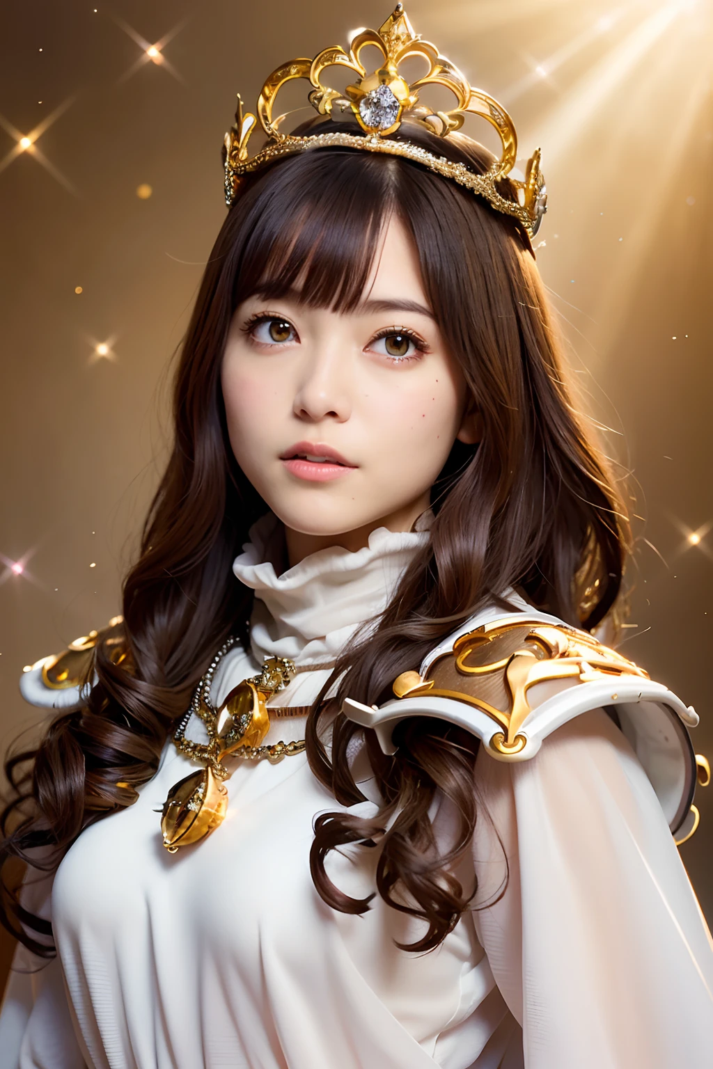 (masutepiece), Professional , masterpiece、top-quality、photos realistic , depth of fields (Gemstone Silver Metal Body:1.9),(Matte White、Particles of light、Jewel Gold Weapon(Jewel Metal Body:1.4),Gorgeous metal weapons , Detailed Sword of the Brave , Beautiful knife ,warhammer 40k , adepta sororitas,Detail and ornate jewel crown、Particles of light、Brown hair、Gangle's forest background、Beautiful Caucasian beauty、1a person、dynamic ungle,(((Detailed and ornate diamond crown)))、Particles of light、Mystical expression、Smaller head、A smile、
