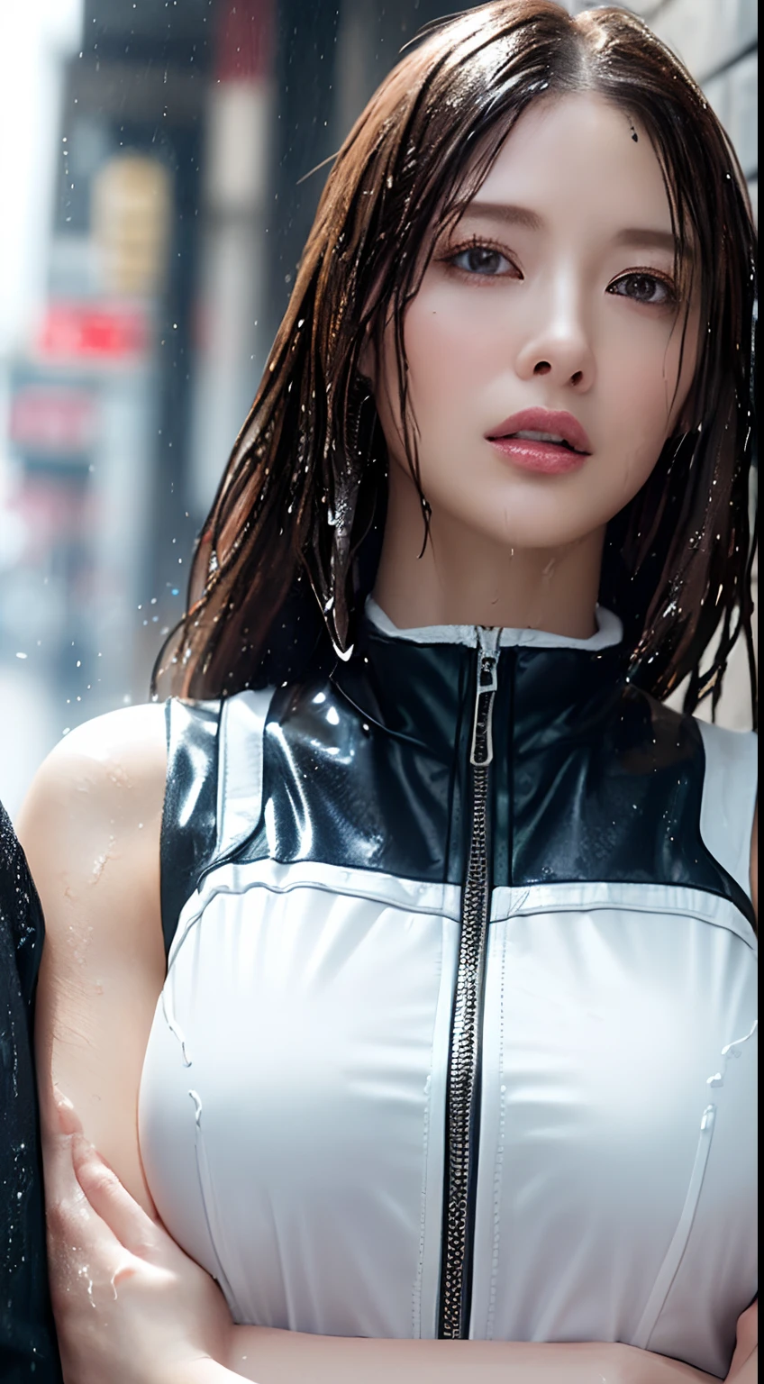 ((Realistic lighting, best qualtiy, 8k, tmasterpiece:1.3)), sharp fokus:1.2, 1girl, Beautiful Women with Perfect Figure:1.4, Slim abs:1.1,(Big breasts 2.1）， (Gilet blanc:1.4）,（exteriors，during night：1.1），the city street，Ultra-fine face，Fine eyes，二重まぶた，（Wet with rain，Get wet：1.2）