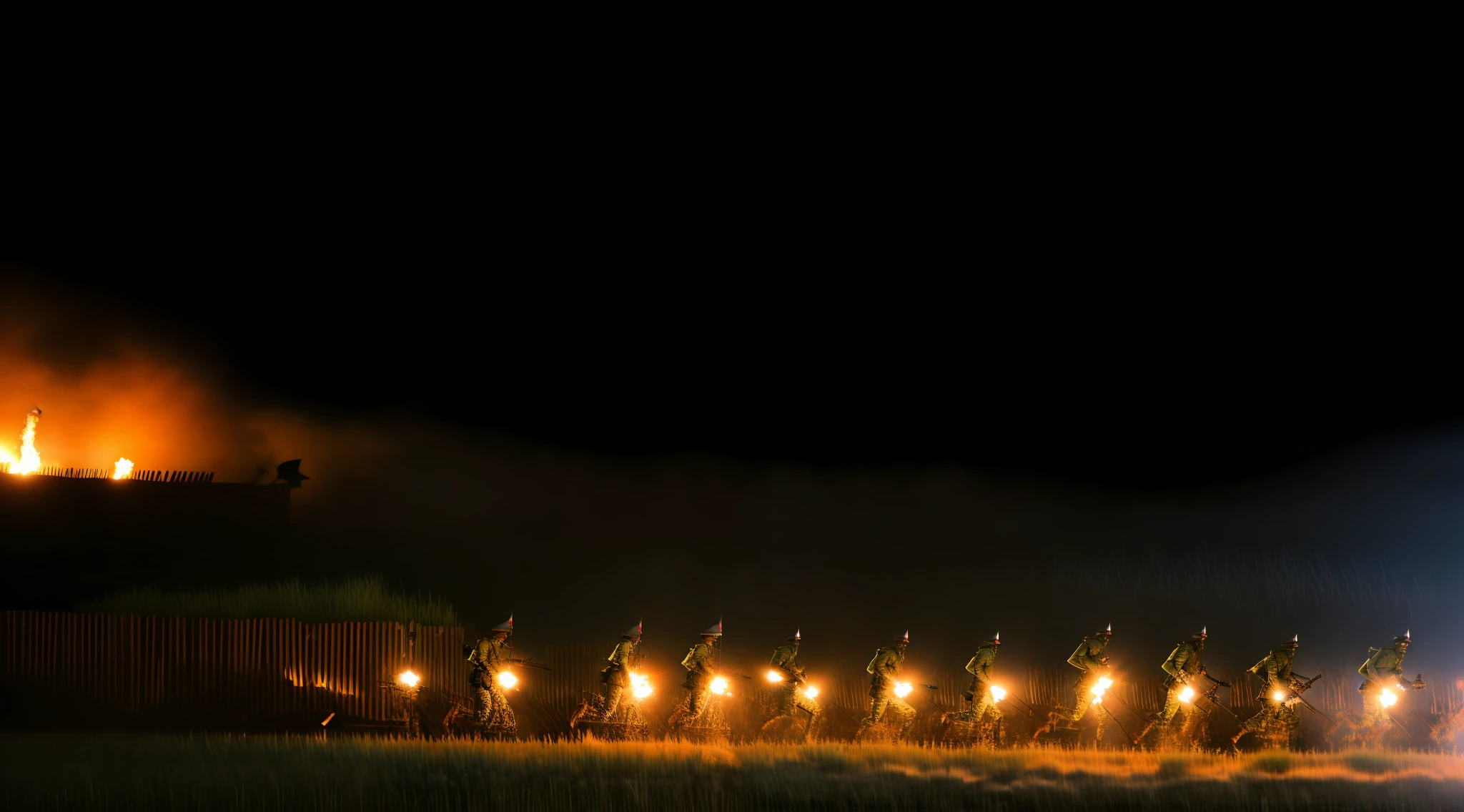 Uniformed soldiers pass through the trenches at night, soldiers charging in, invading army background,cannon fire,Flares