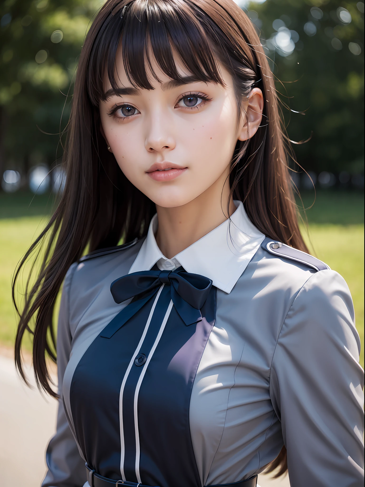 (masterpiece, best quality:1.4), (close up:1.5), (eyes focus:1.2), 1girl, solo, inoue takina, long hair, bangs, black hair, (purple eyes:1.2), BREAK shirt, long sleeves, dress, ribbon, school uniform, white shirt, collared shirt, belt, neck ribbon, blue dress, green ribbon, pleated dress, grey dress, two-tone dress, blue belt, lycoris uniform,  looking at viewer, beautifull smile, beautiful face, highly detailed face, highly detailed eyes, highly detailed skin, skin pores, subsurface scattering, realistic pupils, full face blush, full lips, detailed background, depth of field, volumetric lighting, sharp focus, absurdres, realistic proportions, good anatomy, (realistic, hyperrealistic:1.4), 16k hdr,
