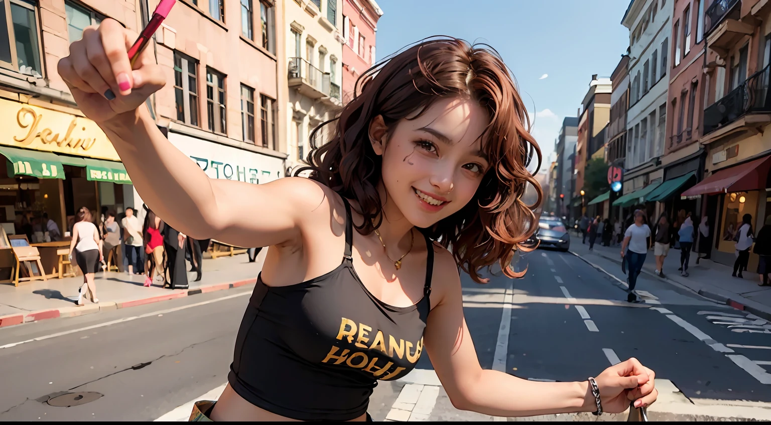 Detailed shiny brown skin、(realisitic、Photorealsitic:1.4)、1 Cute Black Girl、Happy smile、Breakdancing、Inside the shopping street、camisole、tight skirts、Golden Eyes +A detailed eye、Curly hair + Red hair