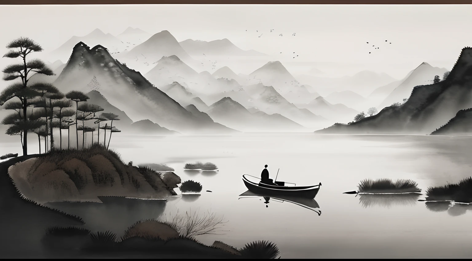 ink and watercolor painting,Draw on rice paper,Use thick and light ink to create light and dark variations and layers,Pick the right ink color,Such as deep black、Thick gray、Light coffee, etc,to express different situations and atmospheres,Control the gradient and transition of ink color by the humidity and consistency of the ink,mont,Eau,the trees,Snowflakes flying in the sky,Lonely old man sitting on boat fishing,Lake surface,Small broken boat,Bleak, Desolate, Sitting alone on a boat,A huge full moon rises over the horizon,eventide,wide wide shot,Cool moonlight,Black and white tones,The background is a snowy scene,There are dead trees on both sides of the picture, Traditional Chinese Ink Painting, Traditional Chinese art, author:Guo Xi, author:Ma Yuanyu, Traditional Chinese painting, author:Xu Xi, author:Luo Mu, author:Yang Buzhi, author:Li Kelan, author:Gu An, Ink painting ) ) ) ), Chinese ink painting, Chinese painting style