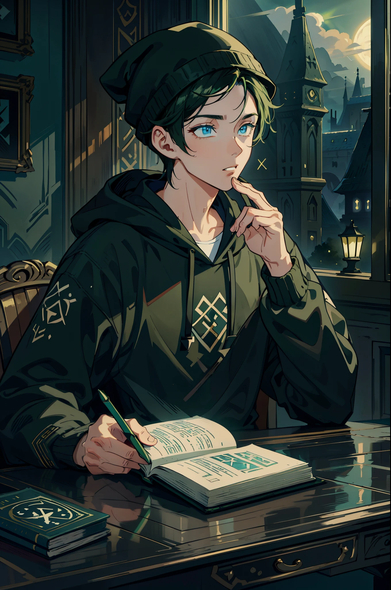 1 Boy, Perfect Face, Perfect eyes, MasterPiece, highly detailed, Sitting at a desk reading a book next to the window, Moonlight highlights everything, wearing a black hoodie, Green Beanie, black hair, Joggers black, Blue Runes on Book cover, Runes Floating out of the open book