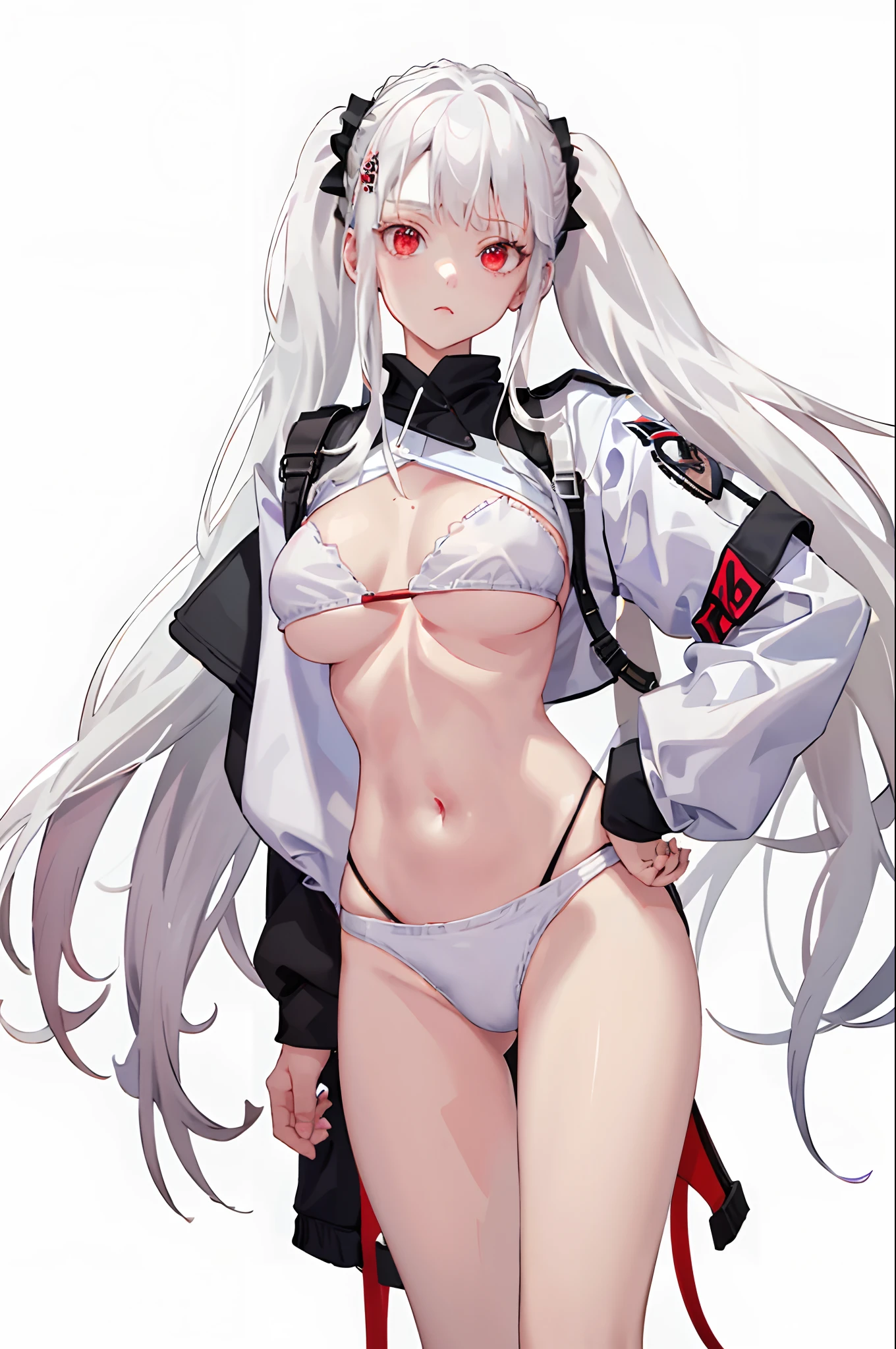 1girll， White hair， red eyes， nabel， looking at viewert， hand on hips， black black jacket， dolphinshorts， groin， （white  shirt：1.2）， pigtails， Very long hair， Wide ock，
underbust，bra
big\（BodyProportions\），
