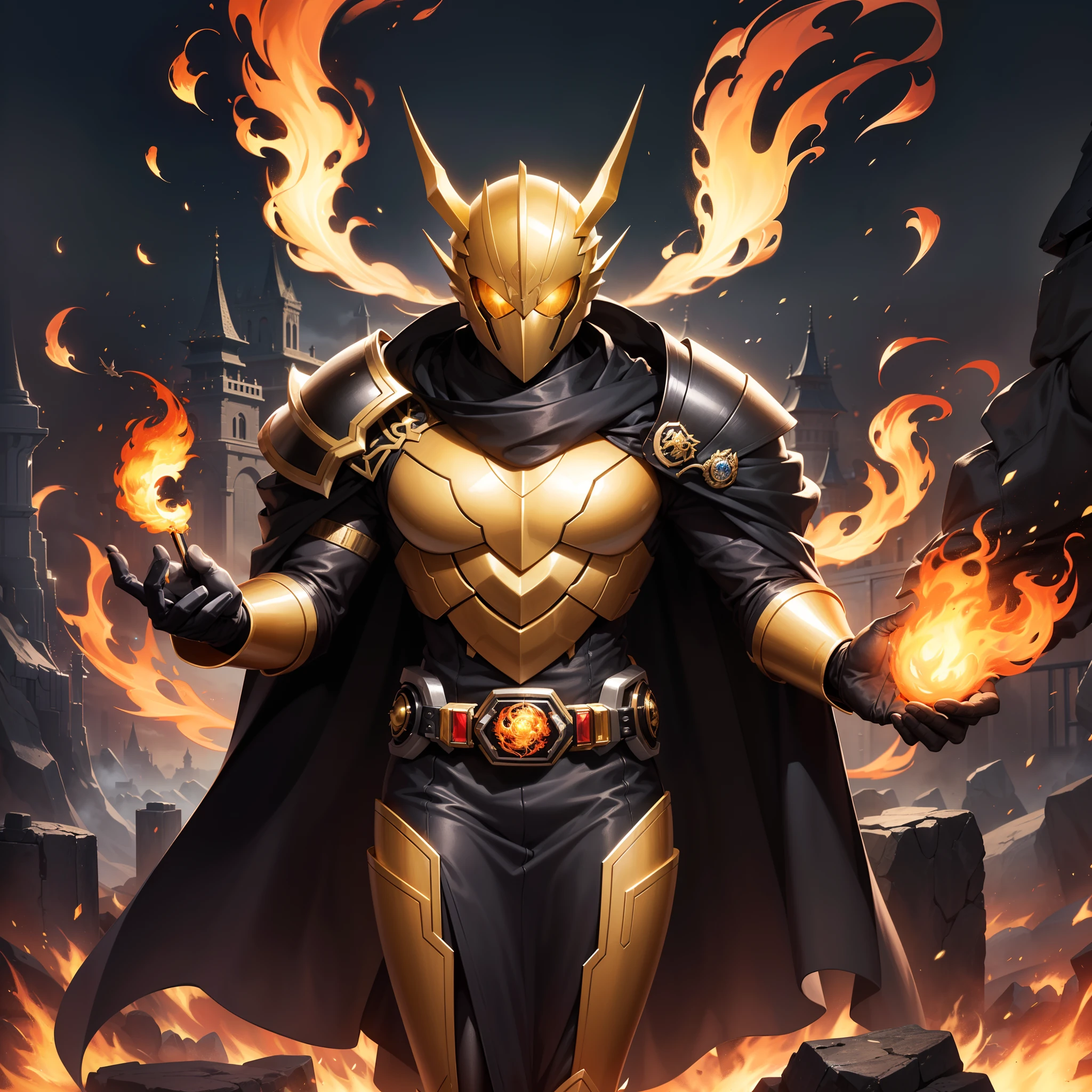 ((high high quality)), ((tmasterpiece)), ((Extremely delicate depiction)), ((Fantasy war)), Domineering, Kamen Rider, Surrounded by flames, Dark gold mechanized armor, 45 degree beveled edge, Cloak decorated with coats of arms, Characteristics of Western dragons, There is a giant sword stuck in the ground,provocation,gold eyes,sense of strength。