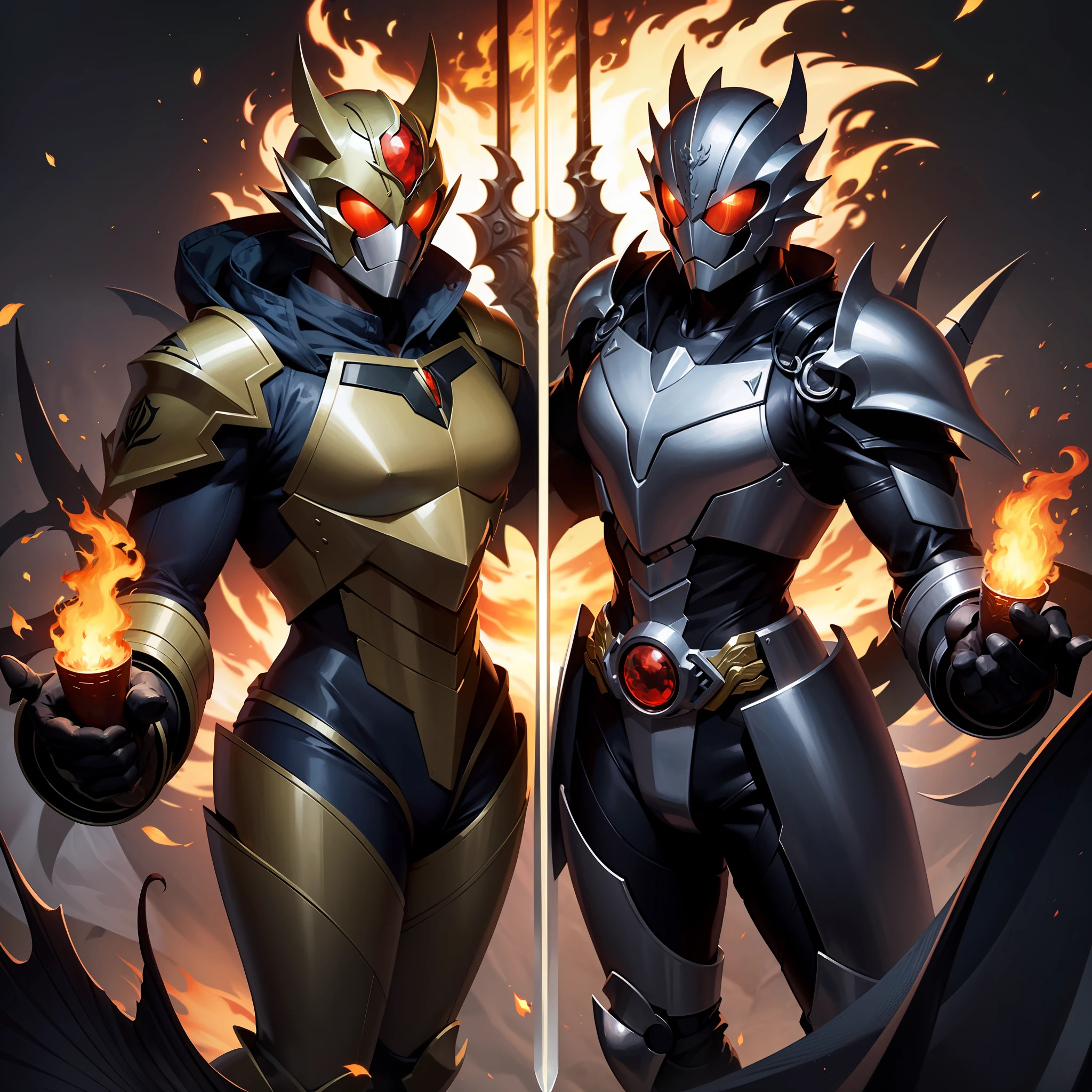 ((high high quality)), ((tmasterpiece)), ((Extremely delicate depiction)), ((Fantasy Wars)), Domineering, Kamen Rider, Surrounded by flames, Mechanized armor, 45 degree oblique side, Cloak decorated with coats of arms, Characteristics of Western dragons, Carrying a giant sword。