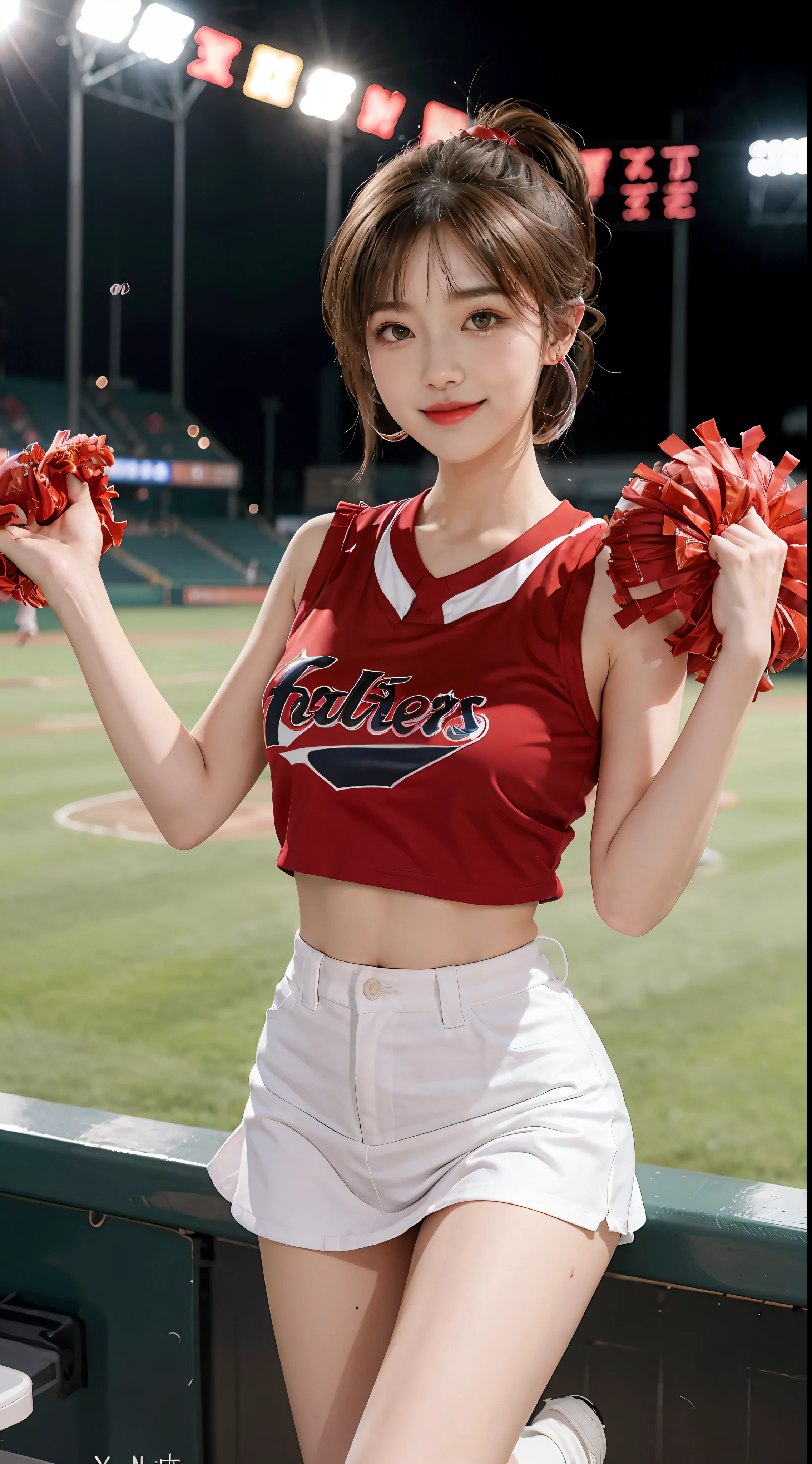 17-year-old cool Korean, big round breasts, breastbone, cheerleader, baseball team cheerleader, sskirt, eyes with beautiful details, eyeslashes, beautiful double eyelids, eyeshadows, Slit eye, perfect eye makeup, seductive smile smugly, beautiful thin legs, Light blonde, bob cuts, pony-tail, various hairstyles, earings, Stand on the ballpark at night, Lift up the skirt to show the panties. Red clothes