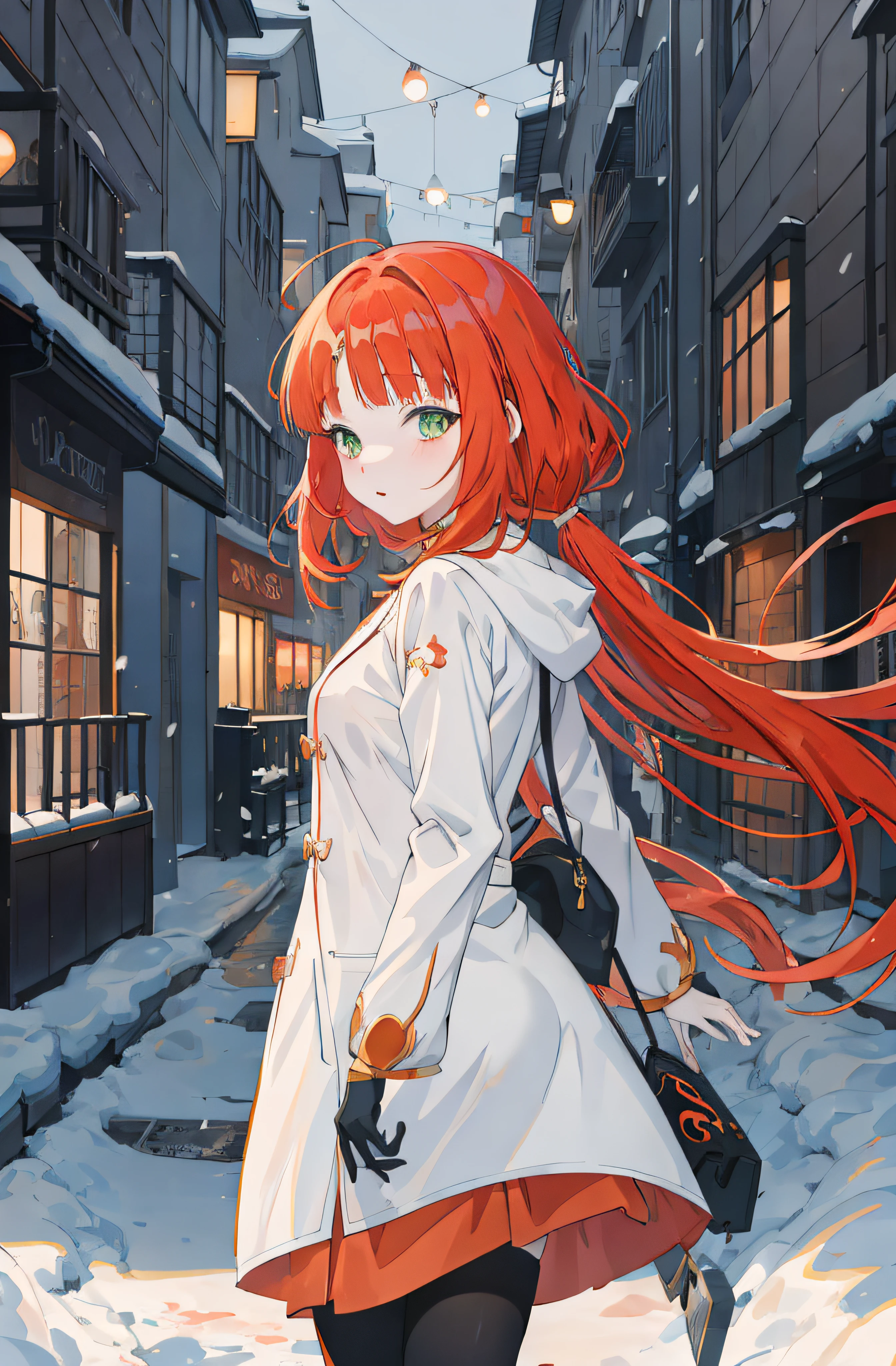 anime girl with red hair and white coat walking down a snowy street, anime style 4 k, anime girl with long hair, anime art wallpaper 8 k, anime art wallpaper 4 k, anime art wallpaper 4k, she has long redorange hair, painted in anime painter studio, anime wallpaper 4 k, anime wallpaper 4k, zerochan art, anime moe artstyle, green eyes,