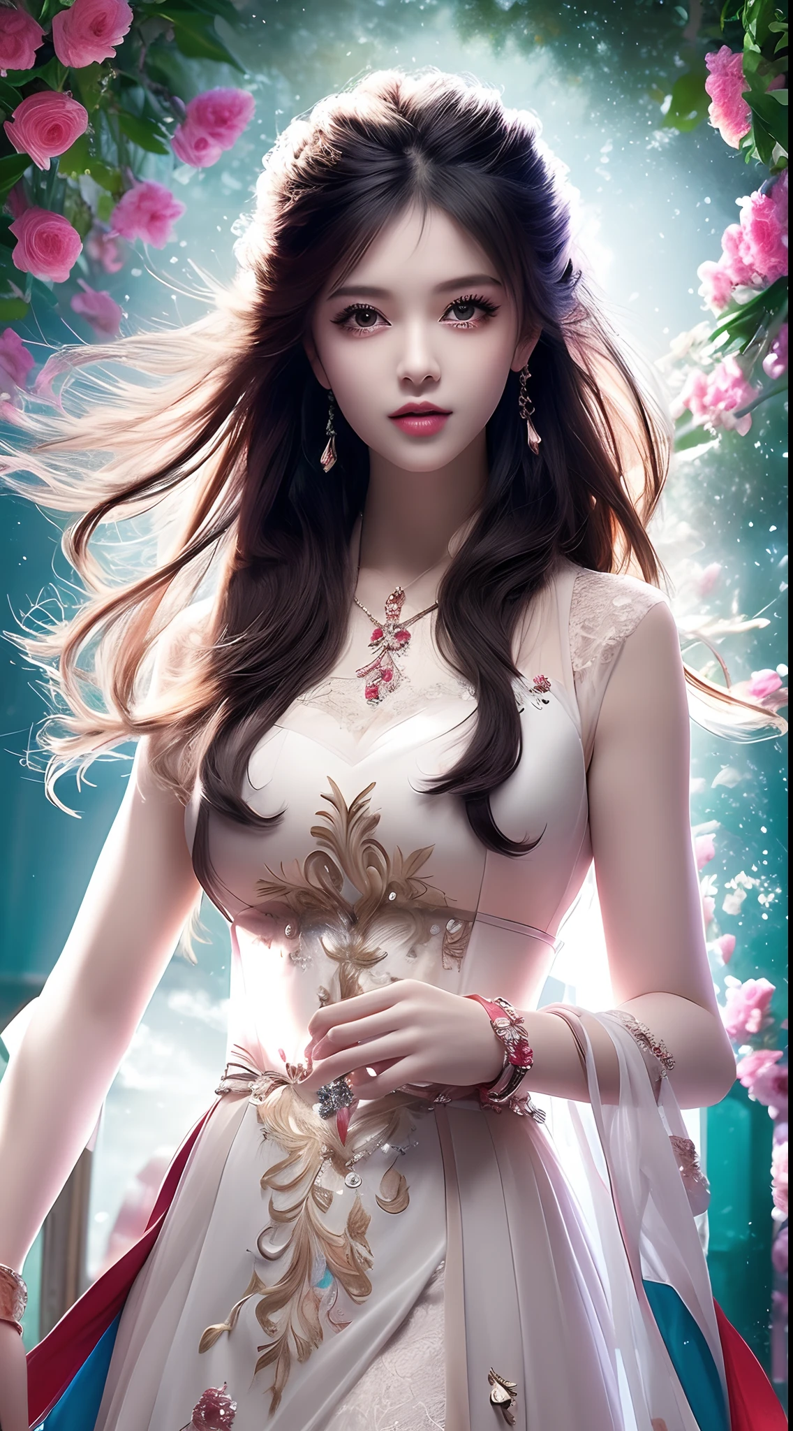 8k ultra hd, mastermiece, a girl, good face, detailed, eyes, beautiful lips, very hong hair, spreading hair, medium breasts, wedding dress, purple dress, in the park, flying birds, blowing winds, clear weather, full body, whole body capture,
