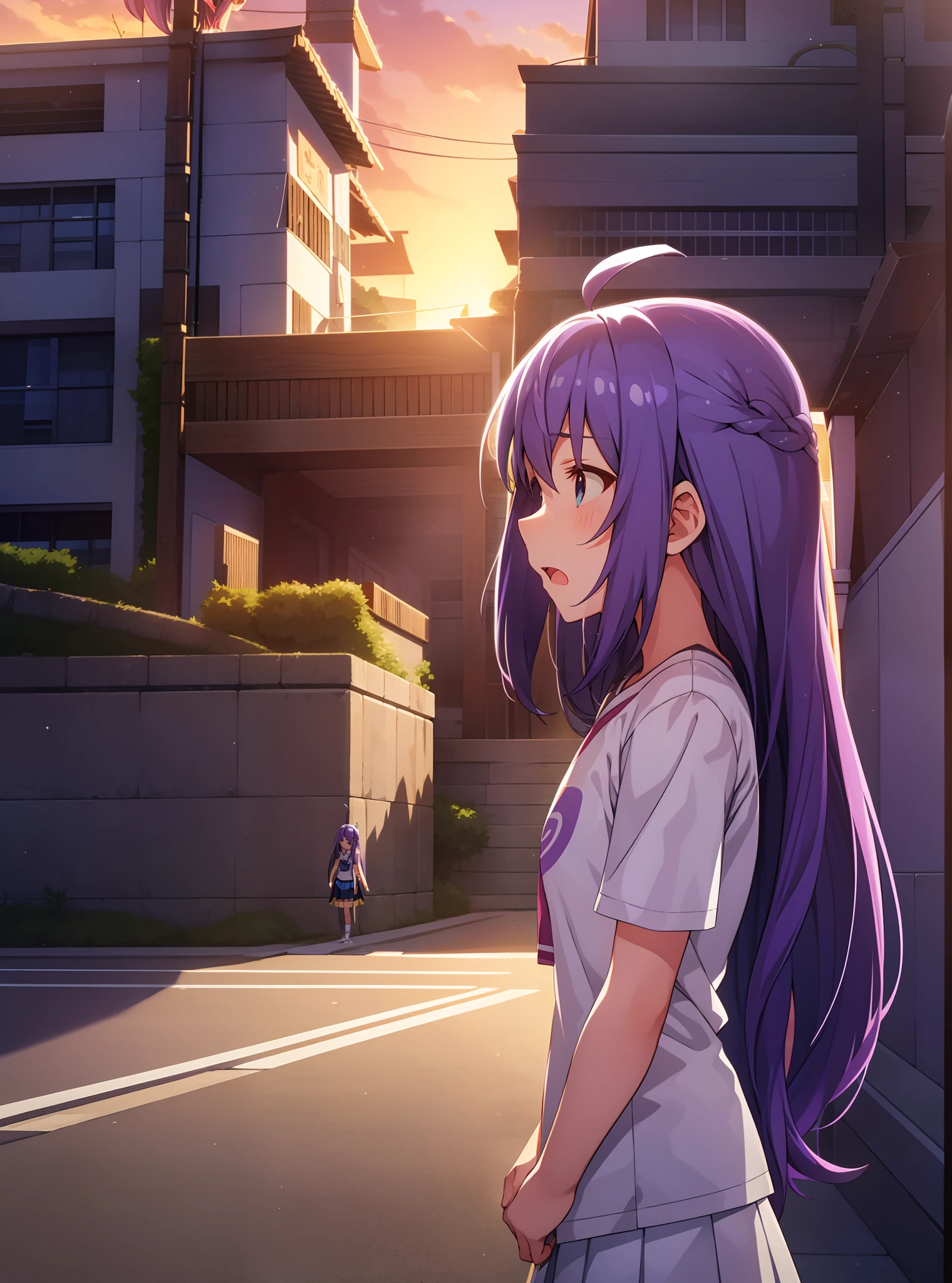mochizuki anna,1girl in,Solo,Long hair,Purple hair,Medium chest.Ahoge,Blue eyes.Short stature.white t-shirts.Skirt.Evening glow.the setting sun.Despair face.Sweat.Opening Mouth.up chest.Fighting stance.Looking from the side.