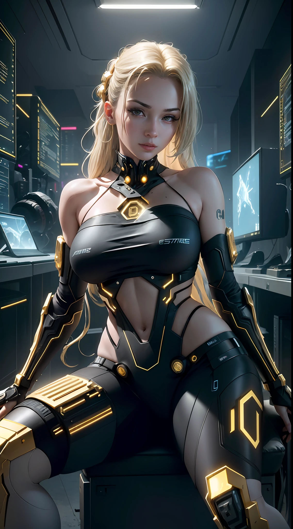 ((Best Quality)), ((Masterpiece)), (Very Detailed:1.3), 3D, Beautiful (Gold Cyberpunk:1.3) Female, straight long hairstyle, big breast, Sitting with Legs Folded in Front, head-mounted displays, computer servers, LCD screens, fiber optic cables, company logos, HDR (High Dynamic Range), ray tracing, NVIDIA RTX, Super Resolution, Unreal 5, Subsurface scattering, PBR textures, post-processing, anisotropic filtering, depth of field, Maximum sharpness and sharpness, multi-layered textures, albedo and highlight maps, surface shading, accurate simulation of light-material interactions, perfect ratios, octane rendering, duotone lighting, low ISO, white balance, rule of thirds, wide aperture, 8K RAW, efficient sub-pixels, subpixel convolution, luminous particles, dynamic pose