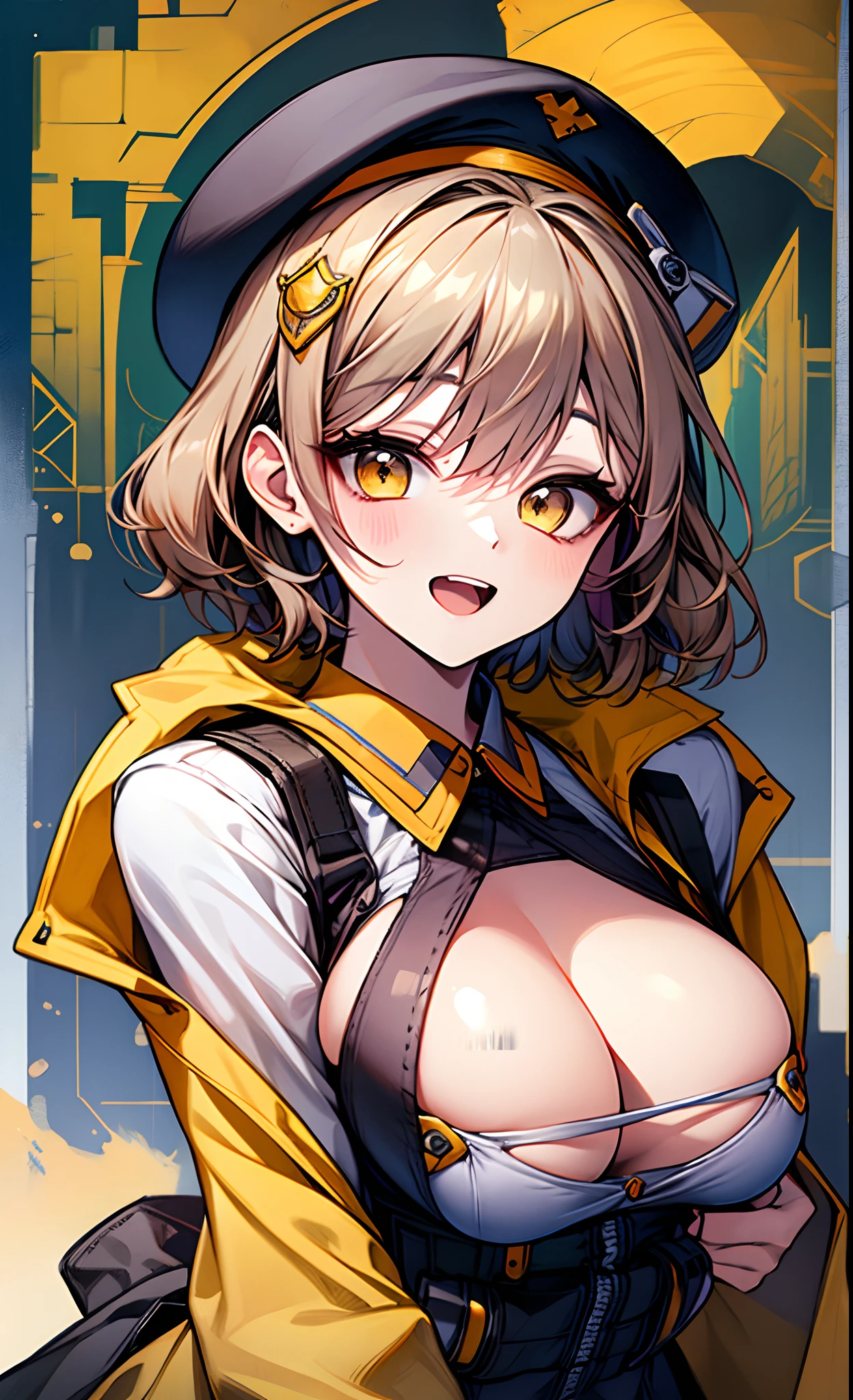 best qualtiy、ultra-detailliert、、1 girl in、独奏、nikkeanis、Cross-eyed、short-hair、open open mouth、large full breasts、Brown hair、hair adornments、brown-eyed、Yellow eyes、beret、cowboy shot、、