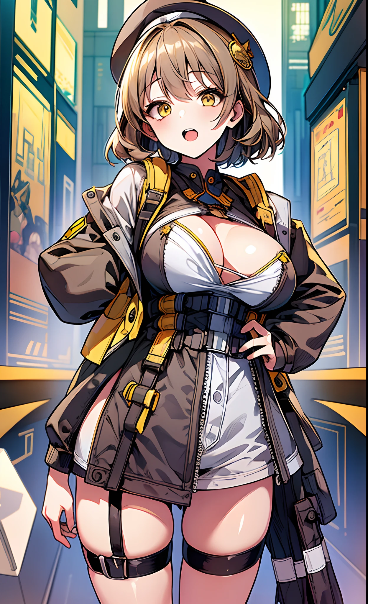 best qualtiy、ultra-detailliert、、1 girl in、独奏、nikkeanis、Cross-eyed、short-hair、open open mouth、large full breasts、Brown hair、hair adornments、brown-eyed、Yellow eyes、beret、cowboy  shot、、