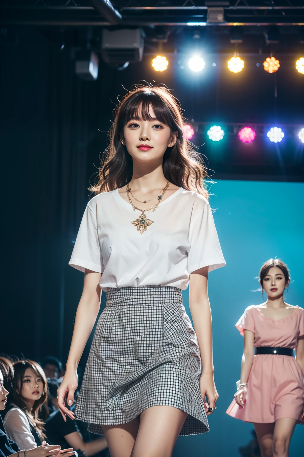 （8K分辨率，Full body photo in the distance，Over-leg bust photo，Realistic wallpapers），（1 female，18yr old，（Haruka Fukuhara's facial features：1.6，Broad skeletal cheeks，babyfat，s delicate face），com rosto detalhado，（Delicate Japanese makeup，Stage pop makeup），Lovely face，com rosto detalhado，详细的脸，Ultra-fine makeup，Black colored eyes，（Look into the distance），Big wavy long curly hair，（By bangs，Messy hair，Messy has layers），Redlip，Fair smooth skin，（Best Skin Type：1.21），mediuml breasts，（White short-sleeved shirt，Brown fluffy skirt，（materpiece：terylene，Lycra cotton，Spinning），Small ear ding，Fashion necklace，espadrilles），Tall and tall，perfect hand，Ultra-fine clothing material），（Stage catwalk，Exquisite stage details，（Vista view of the catwalk，Outdoor catwalk，Tokyo fashion show，neonlight，There were a lot of spectators in the audience，Model on the catwalk）），（exhilarated，confident smile，Rejoice），（Various stage lighting assistance，profesional lighting，动态照明），（（Color uniformity，Reserved，ellegance，vivaciousness，（greys，white colors，purpleish color，blue colors，in pink））），（Golden section，Cinema lenses，Hasselblad photograp，tmasterpiece：1.3），（Pure，adolable，Sunny and lively，boisterous，Petite and lovely，boisterous，dream magical，Little woman，trendsetting，Street style，Artis，Art platform）