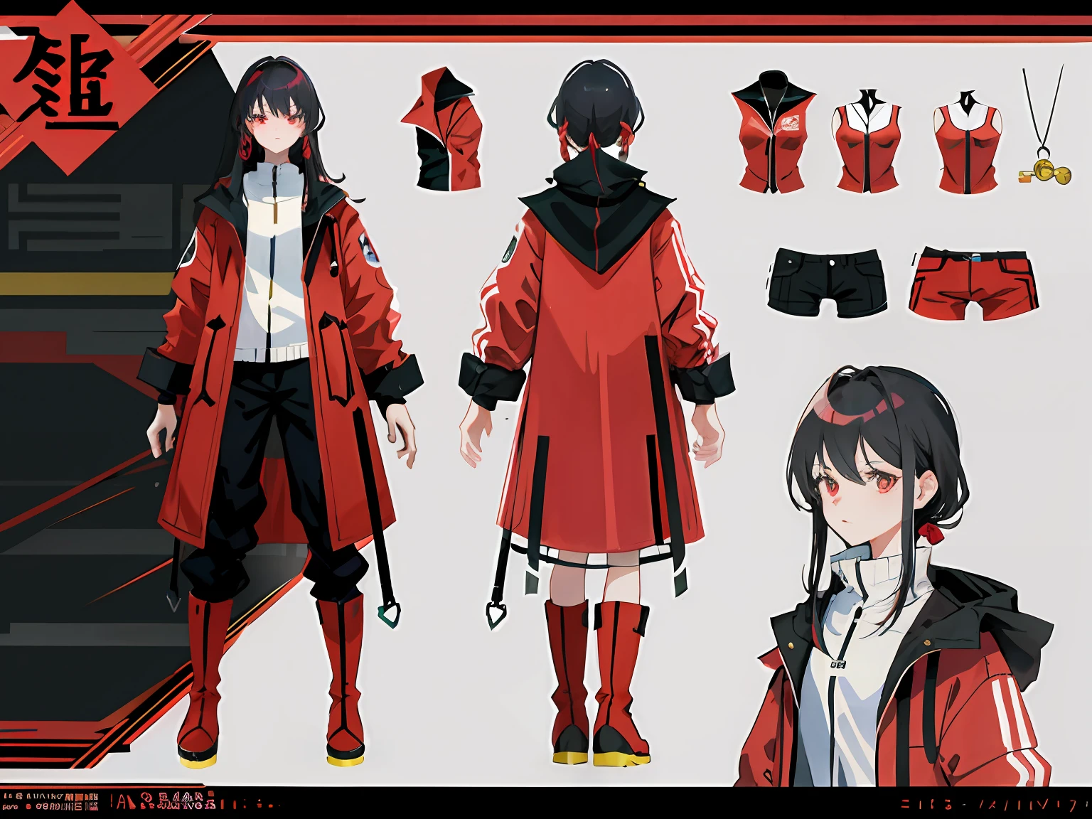 highr，1girll，Long legs，Red and black jumpsuits，Red and black mechanical wind boots，Large red and black trench coat，Long red and black hair，Red eyes，stand posture，HighestQuali,4K，Chinese girl design，Genshin detailed art，Anime character design，anime concept art，pretty anime character design，anime character reference sheet，[character  design]，
