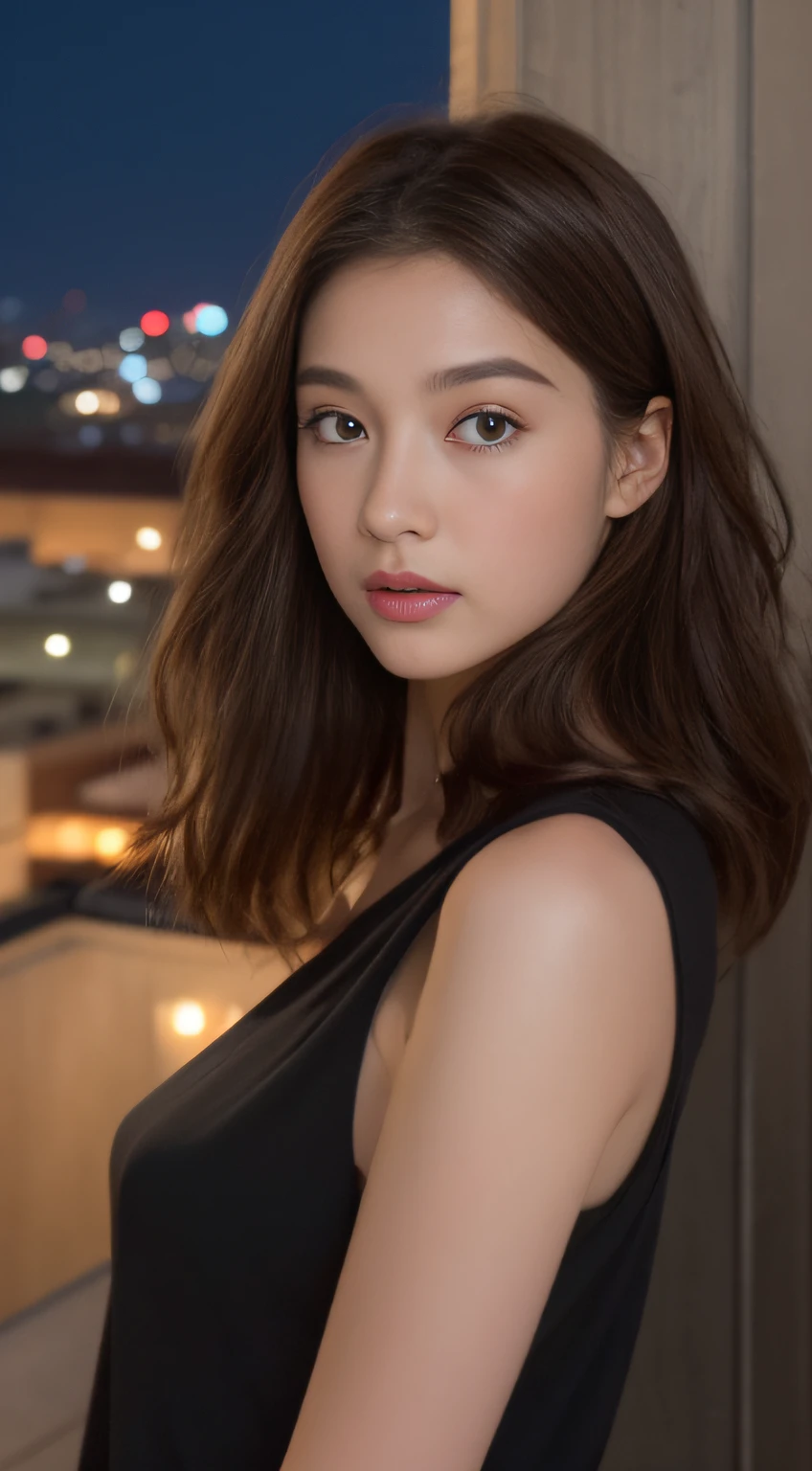 ((mid night、top-quality、8k、​masterpiece:1.3)),full bodyesbian,long legged,foco nítido:1.2,Beautiful woman with perfect body shape:1.4,((dark brown  hair、Semi-long)),((Night View、On the rooftop:1.3)),Highly detailed facial and skin texture,Acne-free skin,A detailed eye,二重まぶた,Brown eyes,small and well-balanced nose,