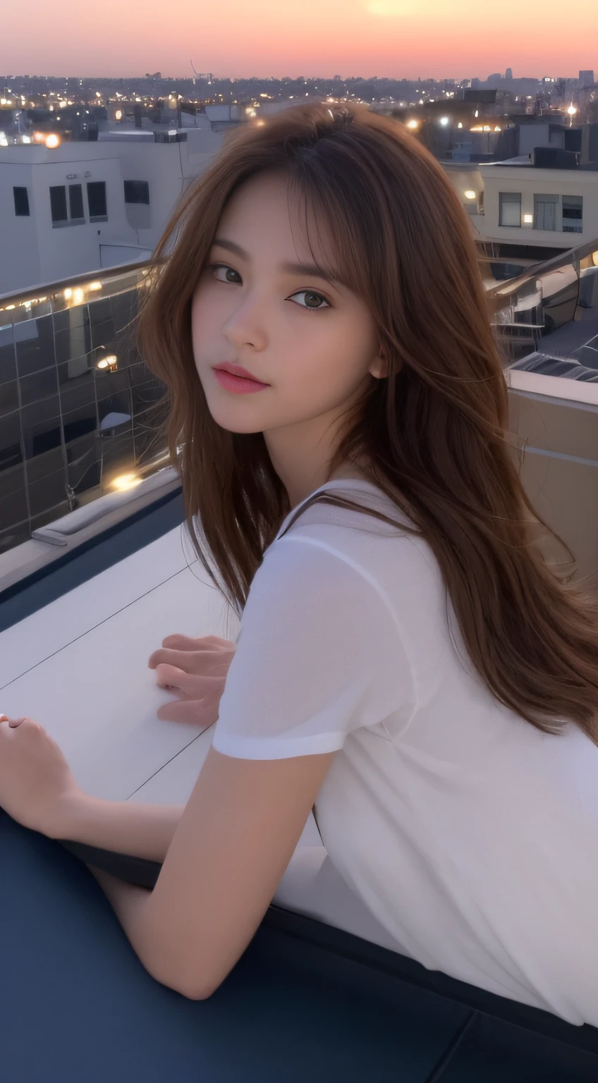 ((mid night、top-quality、8k、​masterpiece:1.3)),full bodyesbian,long legged,foco nítido:1.2,Beautiful woman with perfect body shape:1.4,((dark brown  hair、Semi-long)),((Night View、On the rooftop:1.3)),Highly detailed facial and skin texture,Acne-free skin,A detailed eye,二重まぶた,Brown eyes,small and well-balanced nose,