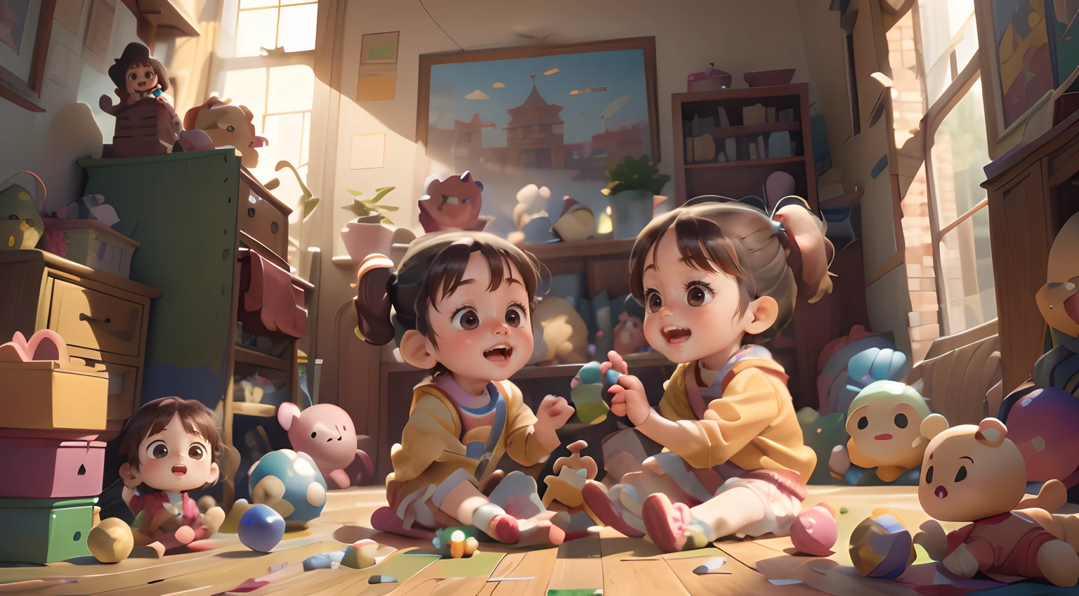 「In a room full of toys in bright sunshine、4 and 6 year old sisters are happily playing。dolls and plushies、Building blocks scattered on the floor、Make a scene depicting a good time with just the two of you.。」