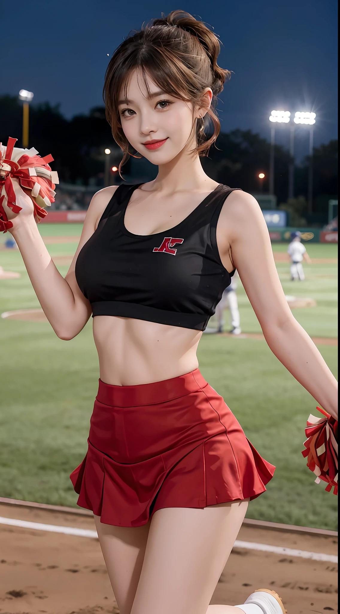 17-year-old cool Korean, big round breasts, breastbone, cheerleader, baseball team cheerleader, sskirt, eyes with beautiful details, eyeslashes, beautiful double eyelids, eyeshadows, Slit eye, perfect eye makeup, seductive smile smugly, beautiful thin legs, Light blonde, bob cuts, pony-tail, various hairstyles, earings, Stand on the ballpark at night, Lift up the skirt, Red clothes, show panties,