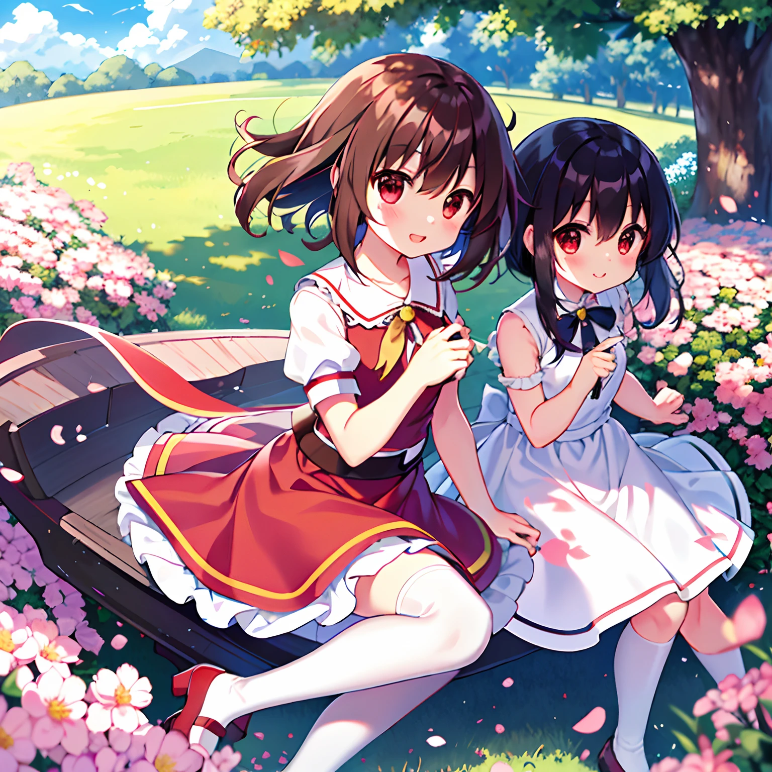 （Higher image quality），（tmasterpiece），（Detailed description of the eyes），（A detailed description of the face），1menina_megumin_konosuba，Red eyes，Black hair，（short detailed hair），short detailed hair（Float in the wind），hair adornments，white dresses，little breast，naked leg，white legwear，leather shoes，There are arms and hands behind the back，Blushlush，Fluttering grass，（springtime，peach blossom），petals，（Lens reflections），altocumulus，Dazzling light， Cool breeze，[Peach blossom tree]'s（shadowing），grassy fields，（The grass is growing，Birds are flying），（lake，surface reflection），A mammoth