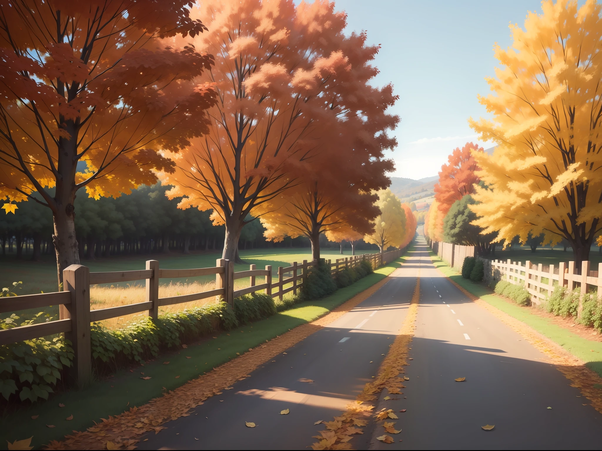countryside autumn road fallen leaves fence realistic