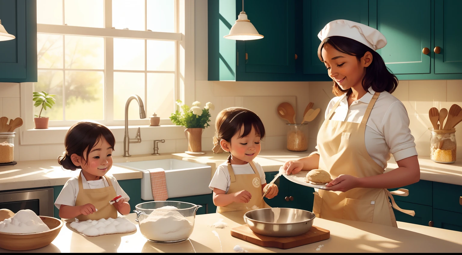 In a cozy kitchen bathed in warm sunlight, Naomi and her children knead dough, surrounded by flour-dusted surfaces and mixing bowls. Aprons and rolling pins create an air of domestic comfort as they prepare a batch of homemade cookies.