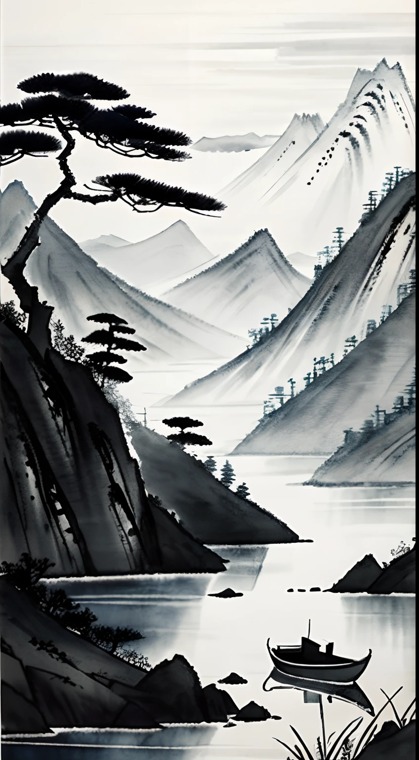 ink and watercolor painting,Draw on rice paper,Use thick and light ink to create light and dark variations and layers,Pick the right ink color,Such as deep black、Thick gray、Light coffee, etc,to express different situations and atmospheres,Control the gradient and transition of ink color by the humidity and consistency of the ink,mont,Eau,the trees,Snowflakes flying in the sky,Lake surface,Small broken boat,Bleak, Desolate, Solitude,A huge full moon rises over the horizon,eventide,wide wide shot,Cool moonlight,Black and white tones,The background is a snowy scene,There are dead trees on both sides of the picture, Traditional Chinese Ink Painting, Traditional Chinese art, author:Guo Xi, author:Ma Yuanyu, Traditional Chinese painting, author:Xu Xi, author:Luo Mu, author:Yang Buzhi, author:Li Kelan, author:Gu An, Ink painting ) ) ) ), Chinese ink painting, Chinese painting style