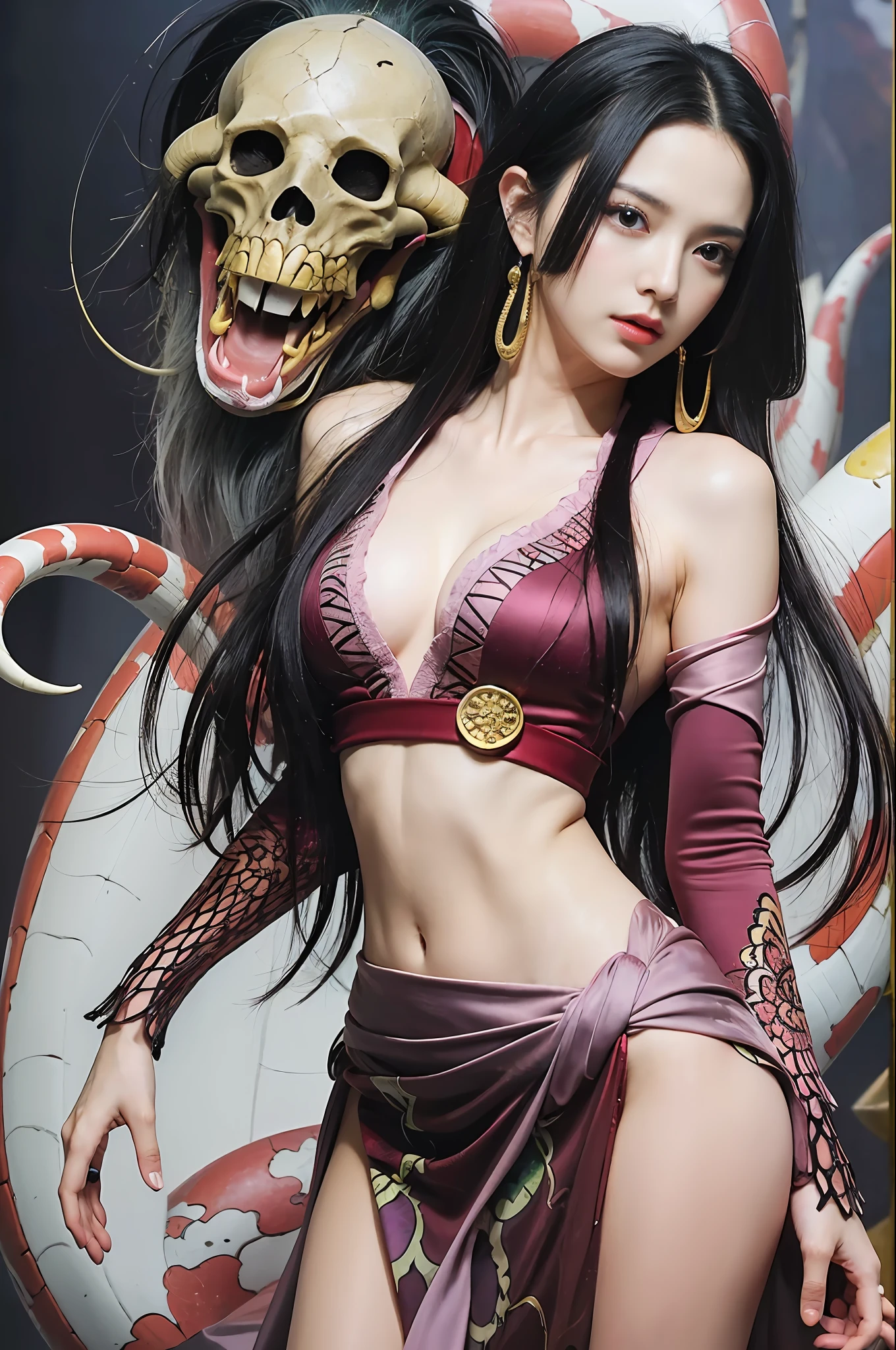 (((masterpiece+best quality+high resolution+ultra-detailed))), boa hancock, long silky black hair, high nose, sharp eyes, noble and inviolable temperament, (([female]: 1.2 + [beauty]: 1.2 + black long hair: 1.2)), snake_skull background, bright eyes, dynamic angle and posture.